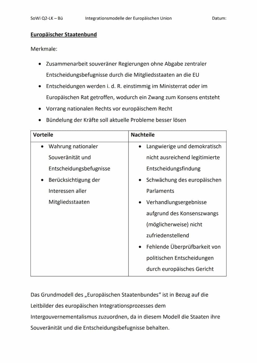 SoWi Q2-LK - Bü
EUROPÄISCHER BUNDESSTAAT
Integrationsmodelle der Europäischen Union
Grundannahmen
- Die Nationalstaaten geben Teile ihrer So