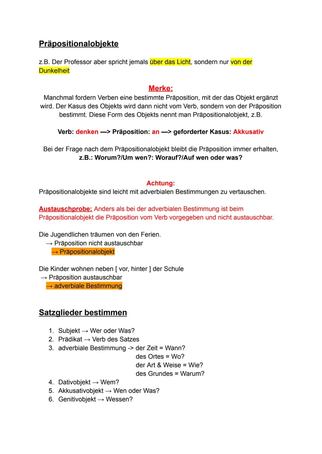 Vorbereitung Vergleichsarbeit Deutsch
Präpositionen
= kleine, unveränderbare Wörter, die Beziehungen zwischen Wörtern und
Wortgruppen im Sat