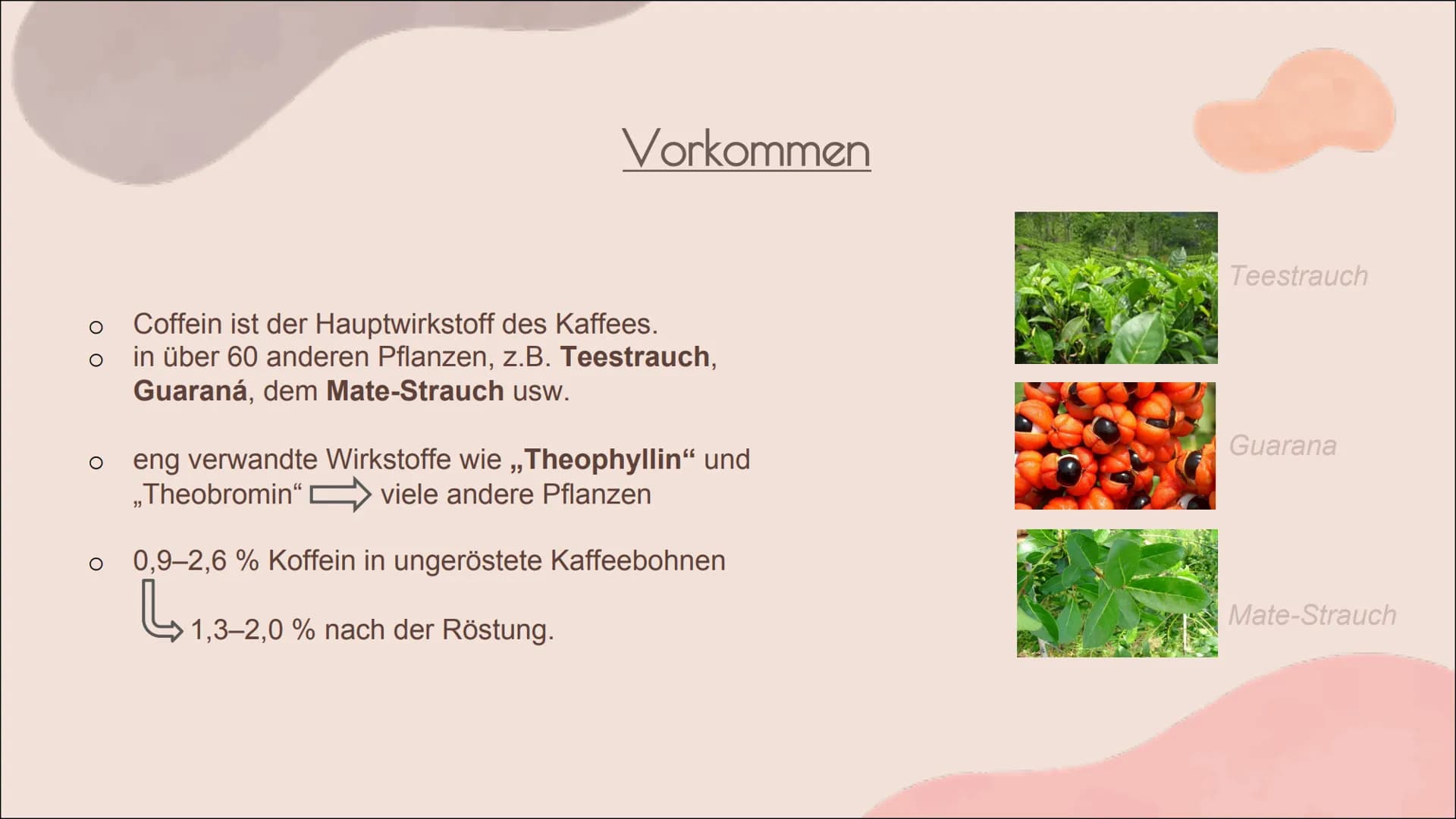 KOFFEIN Aufbau + Eigenschaften
Vorkommen
Herstellung
Wirkung auf den Körper
o Symptome -> Folgen?
Quellen
Gliederung: H3C
'N
O
`N
CH3
C8H10N