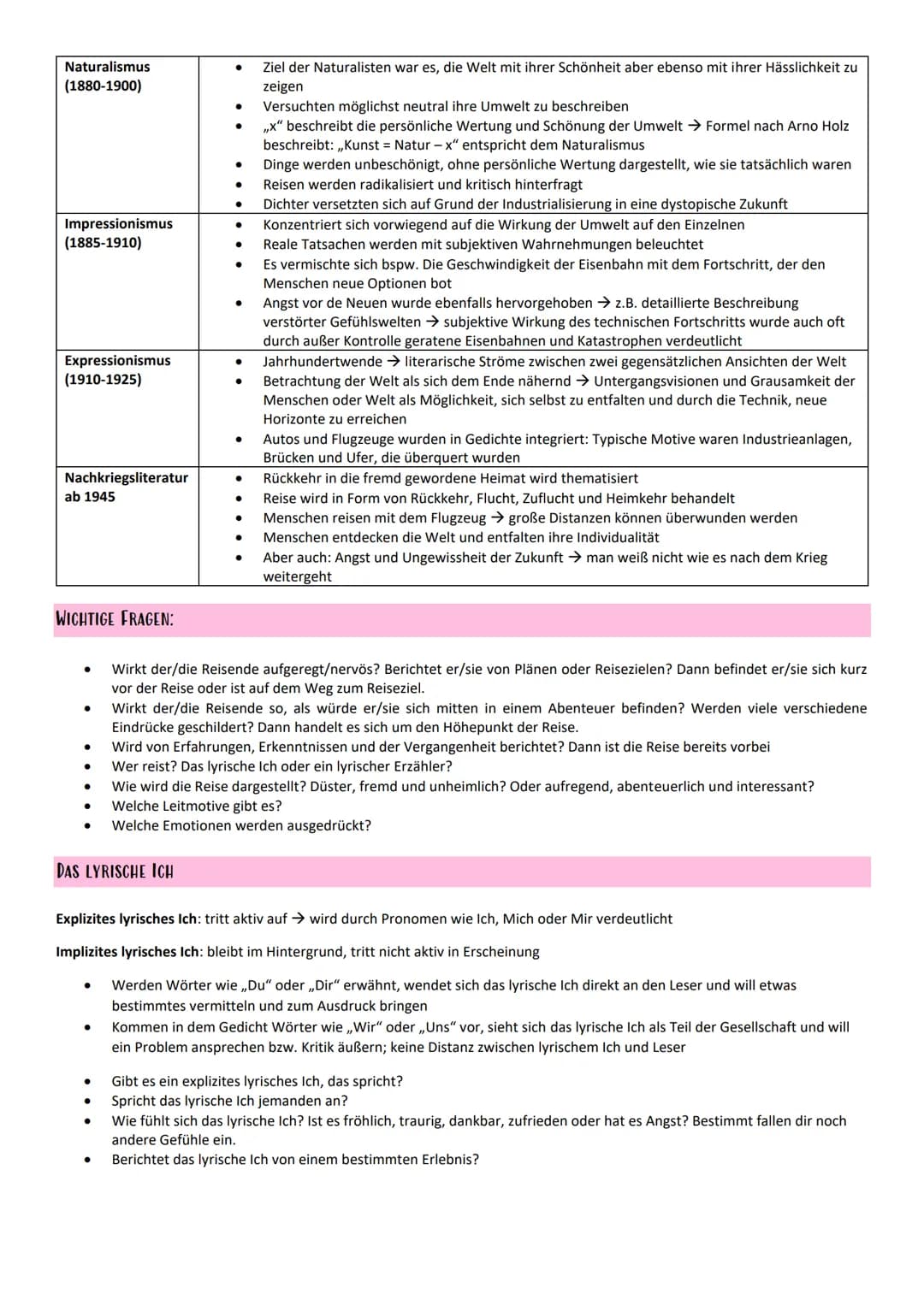 Cedichtsanalyse zum Thema Reisen
WICHTIGE ASPEKTE DER ANALYSE
Fiktionalität
Ziel der Reise
Haltung zum Reisen
Lyrisches Ich vs. Andere
Innen