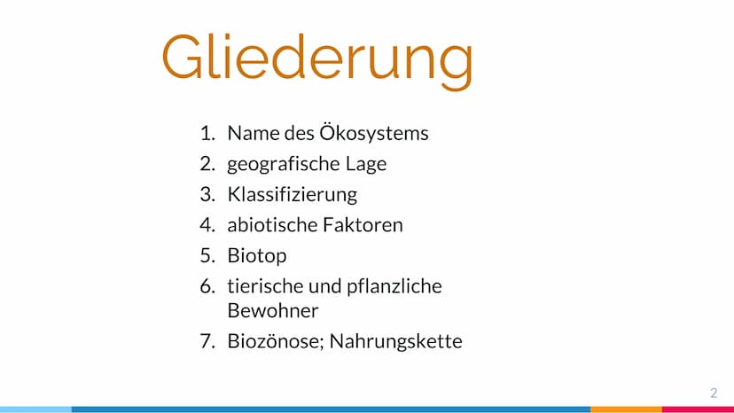 Gliederung:
1.
2.
3.
1. Name des Ökosystems
2. geografische Lage
3. Klassifizierung
4. abiotische Faktoren
5. Biotop
6. tierische und pflanz