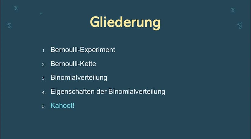 2+2=4
√√X
x/2y
12x5
x+y
Binomial-
verteilung
+
42:9
a %
X
+
1.
Gliederung
Bernoulli-Experiment
2. Bernoulli-Kette
3. Binomialverteilung
4. E