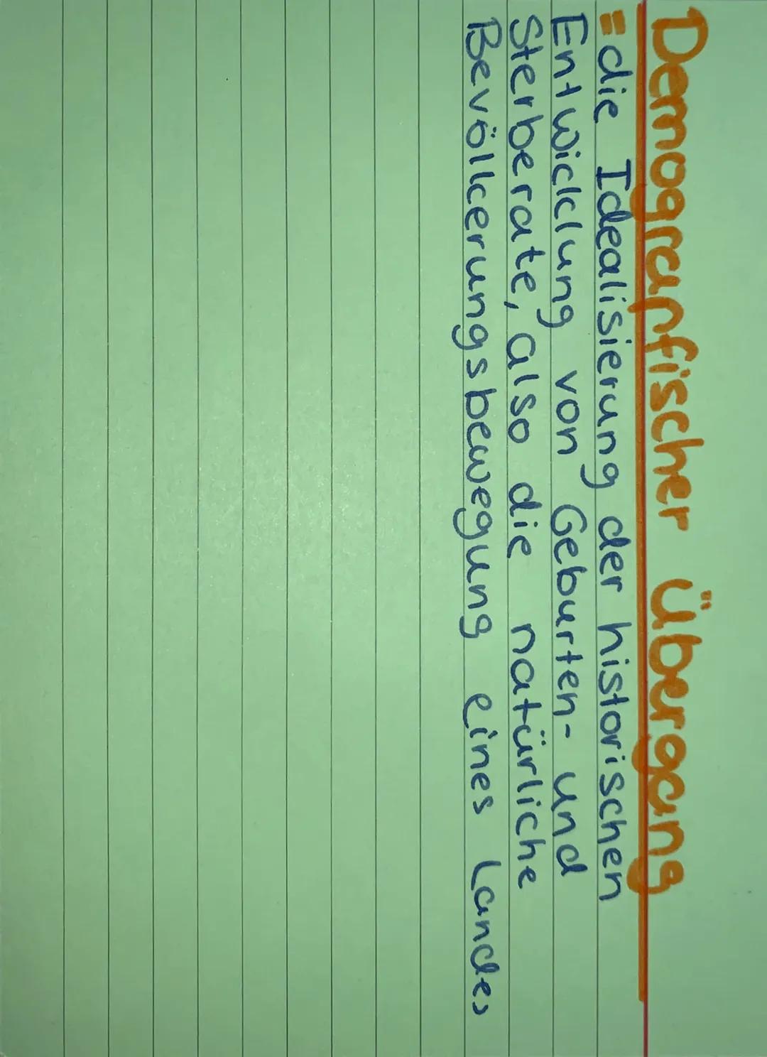 Demograpfischer Übergang
=die Idealisierung der historischen
Entwicklung von Geburten- und
Sterberate, also die natürliche
Bevölkerungsbeweg