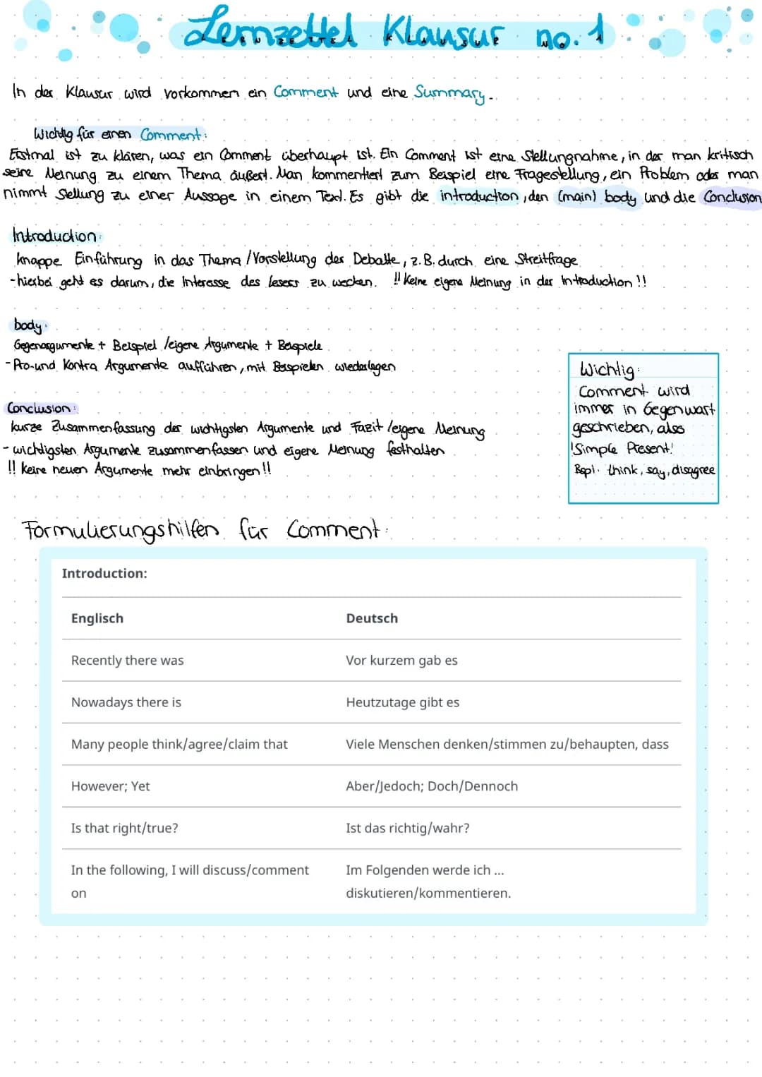 Wie schreibe ich einen Comment und Summary auf Englisch? Beispiele und Übungen für Kids!