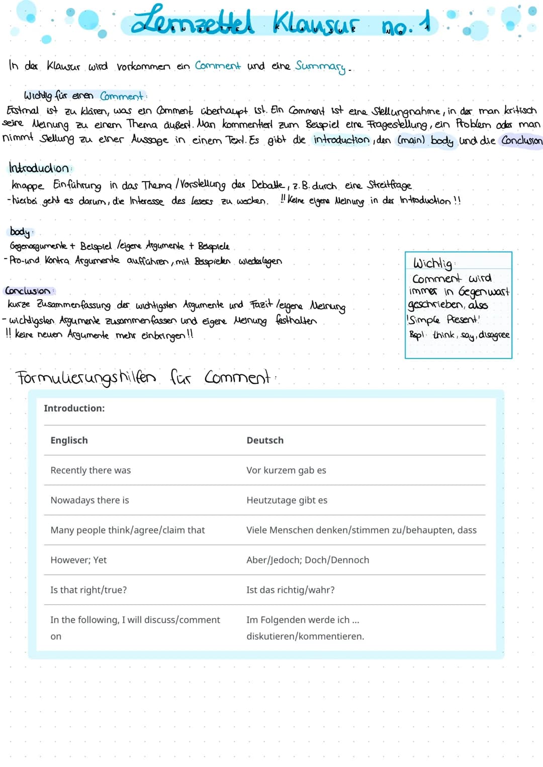 In der Klawur wird vorkommen ein Comment und eine Summary..
Wichtig für einen Comment:
Erstmal ist zu klären, was ein Comment überhaupt ist.