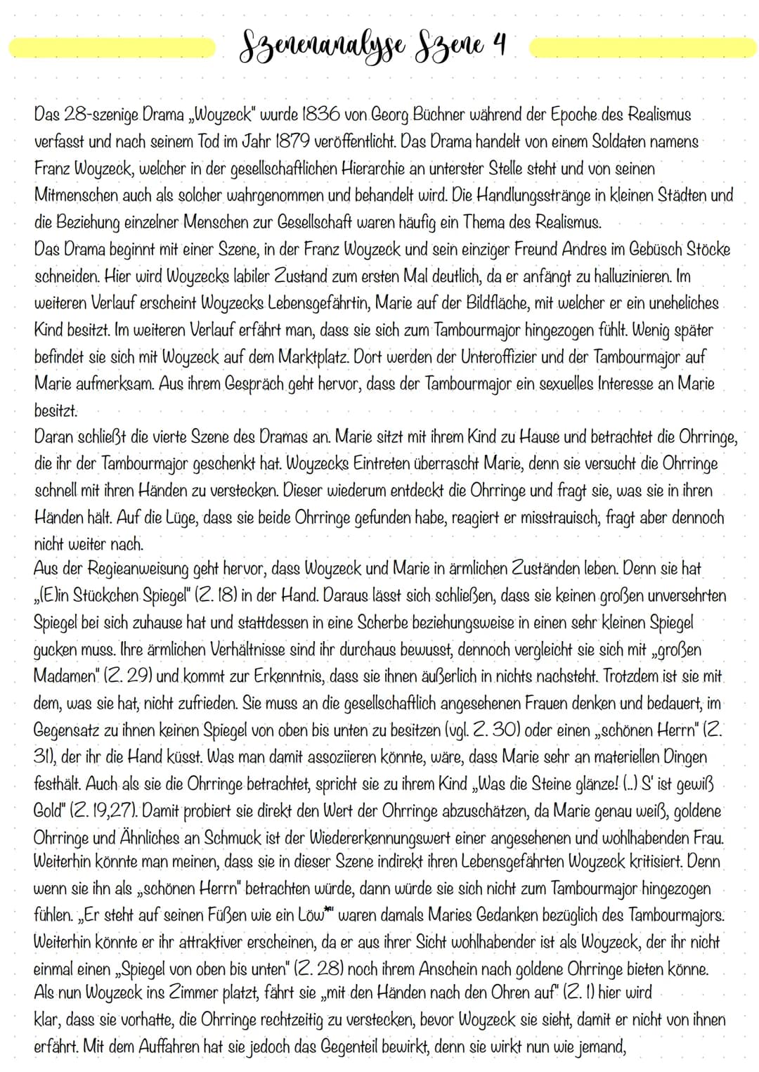 Szenenanalyse Szene 4
Das 28-szenige Drama „Woyzeck" wurde 1836 von Georg Büchner während der Epoche des Realismus
verfasst und nach seinem 