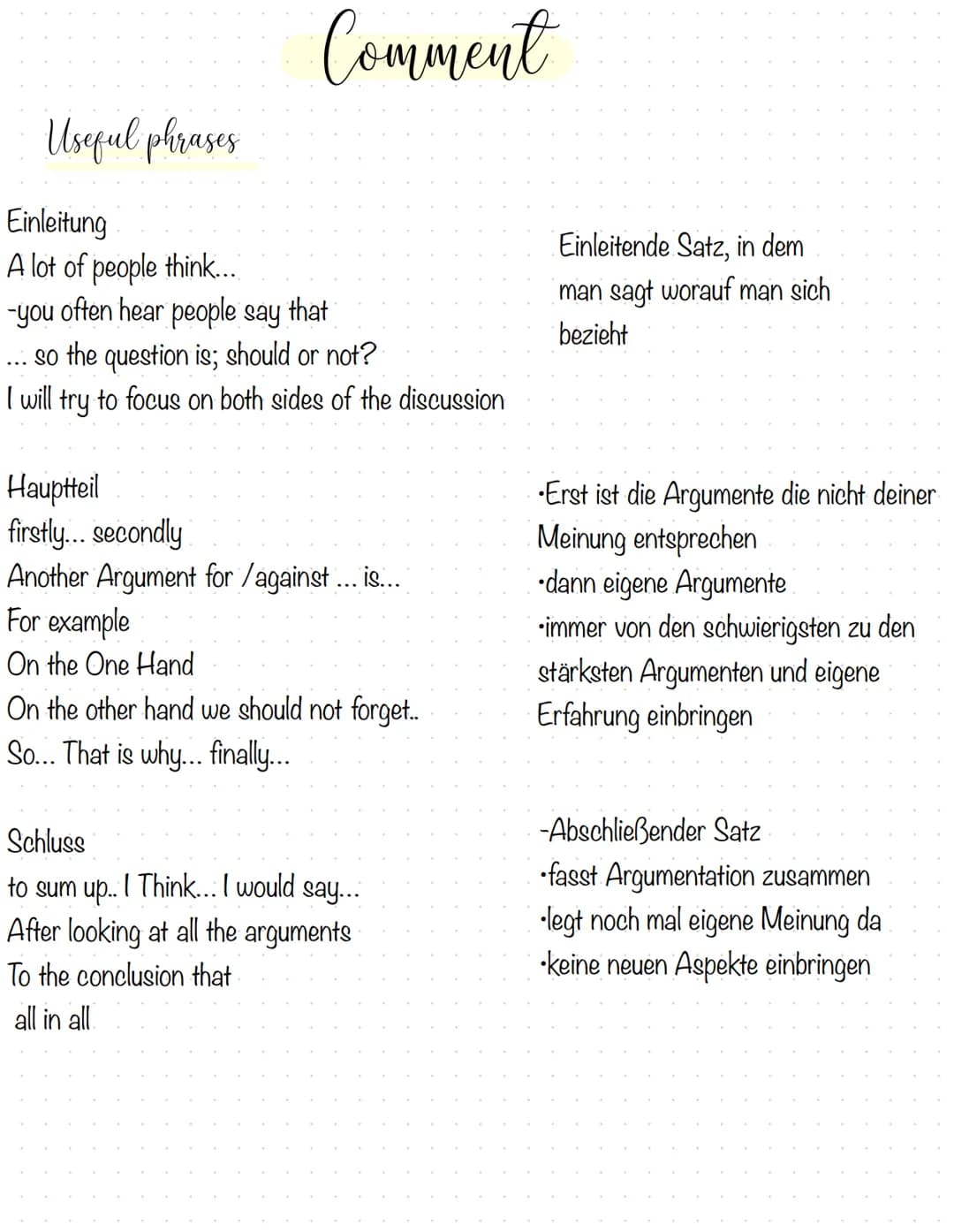 Useful phrases
...
Comment
Einleitung
A lot of people think...
-you often hear people say that
so the question is; should or not?
I will try