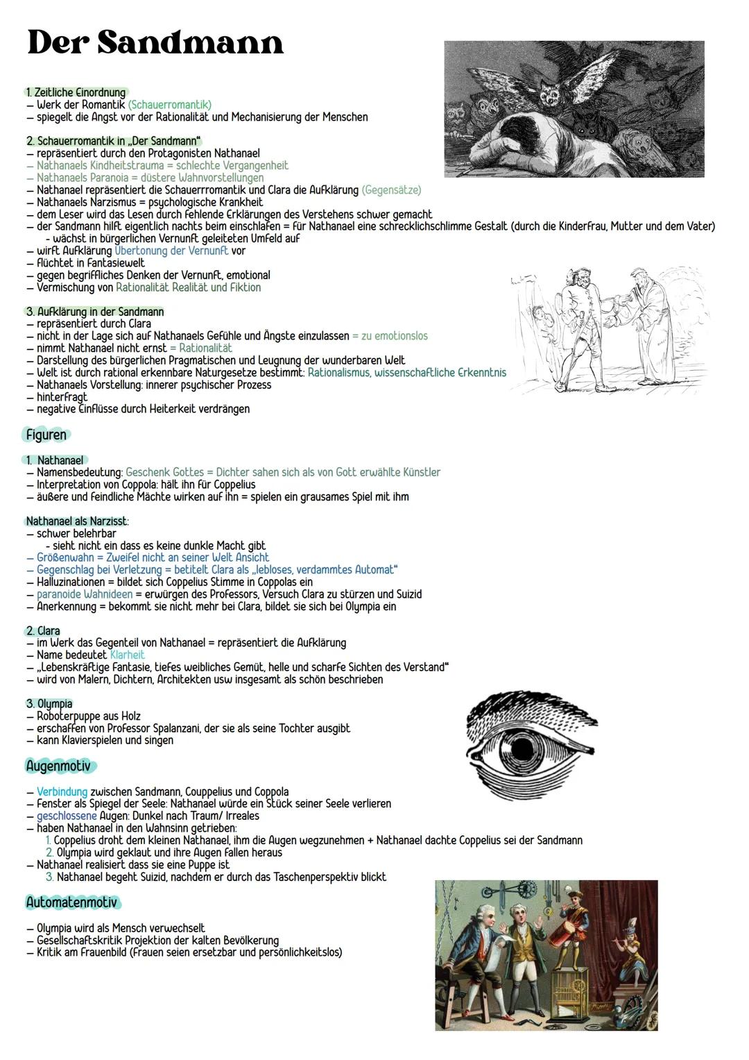 Der Sandmann
1. Zeitliche Einordnung
- Werk der Romantik (Schauerromantik)
- spiegelt die Angst vor der Rationalität und Mechanisierung der 