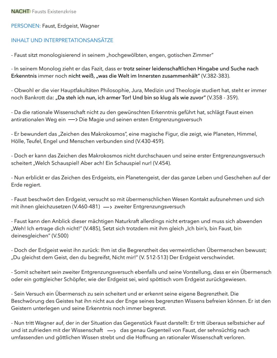 NACHT Fausts Existenzkrise
PERSONEN: Faust, Erdgeist, Wagner
INHALT UND INTERPRETATIONSANSÄTZE
- Faust sitzt monologisierend in seinem ,,hoc
