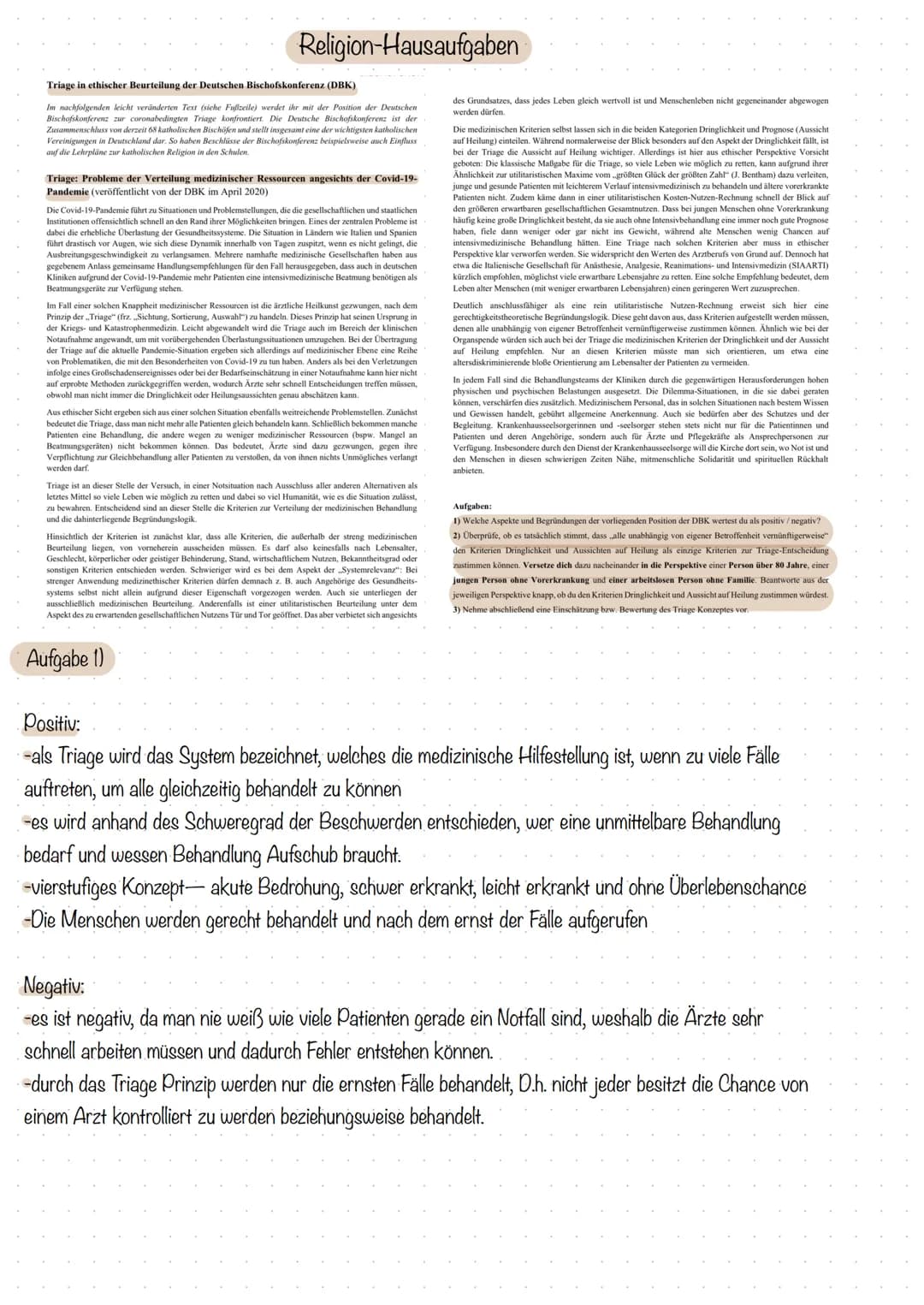 Religion-Hausaufgaben
Triage in ethischer Beurteilung der Deutschen Bischofskonferenz (DBK)
Im nachfolgenden leicht veränderten Text (siehe 