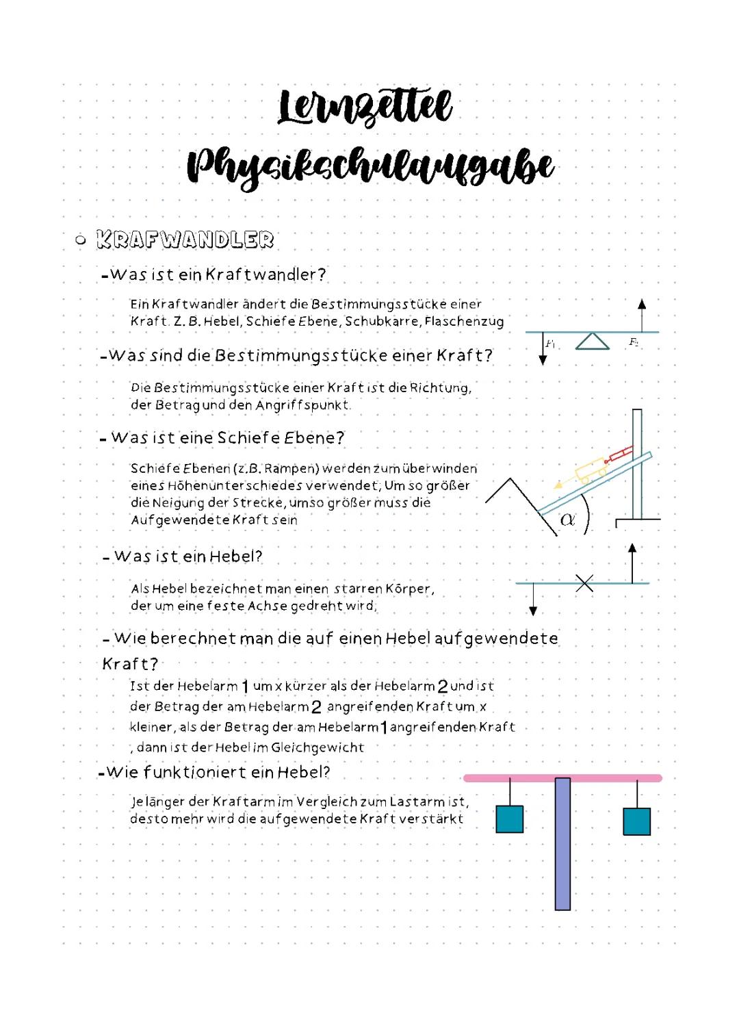 Physik Lernzettel Kraftwandler und Arbeit