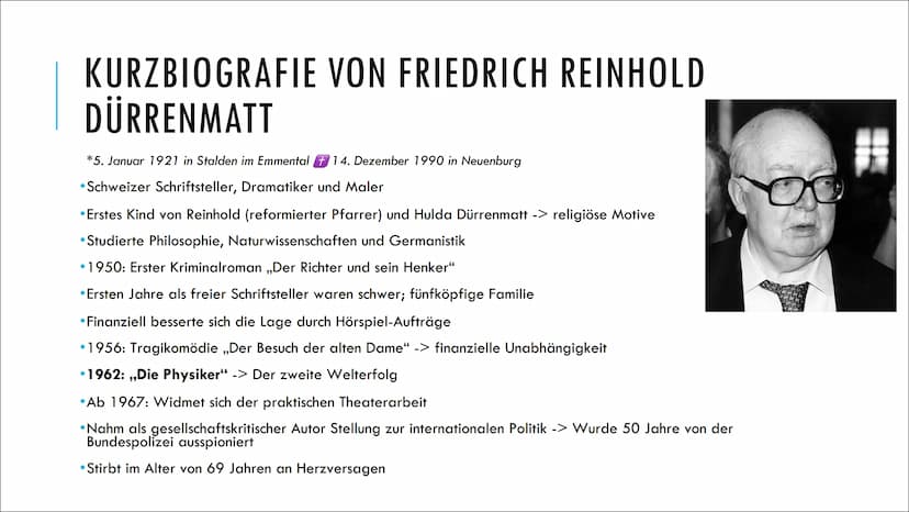 DIE PHYSIKER
Eine Tragikomödie
Dürrenmatt
TAVI
von Friedrich GLIEDERUNG
Kurzbiografie von Friedrich Dürrenmatt
Dürrenmatts Dramentheorie
The