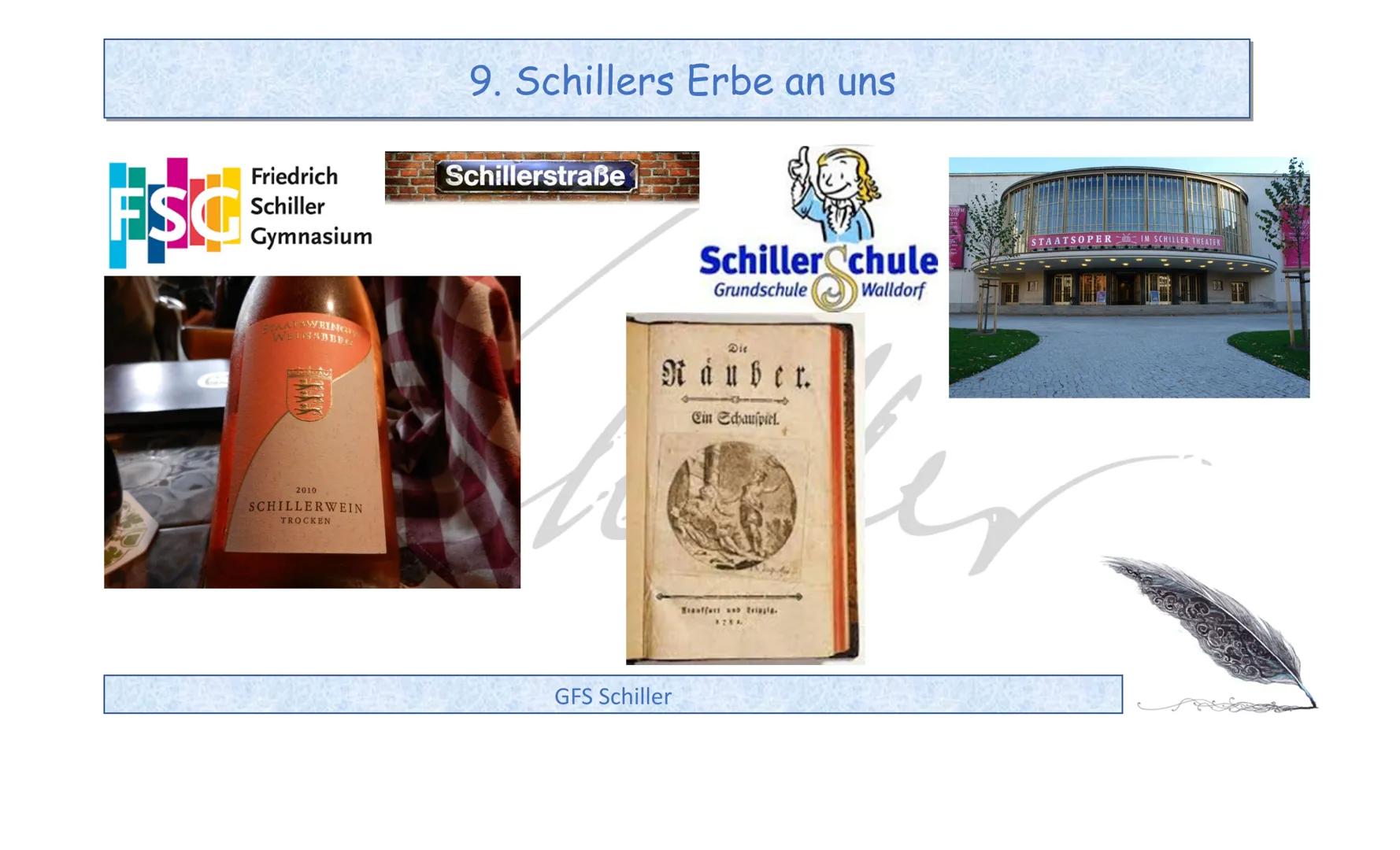 Friedrich Schiller - 1759-1805
GFS Schiller • 1. Einleitung
2. Was ist was? Dichter - Autor - Schriftsteller
3. Kindheit und Jugend
●
●
4. S