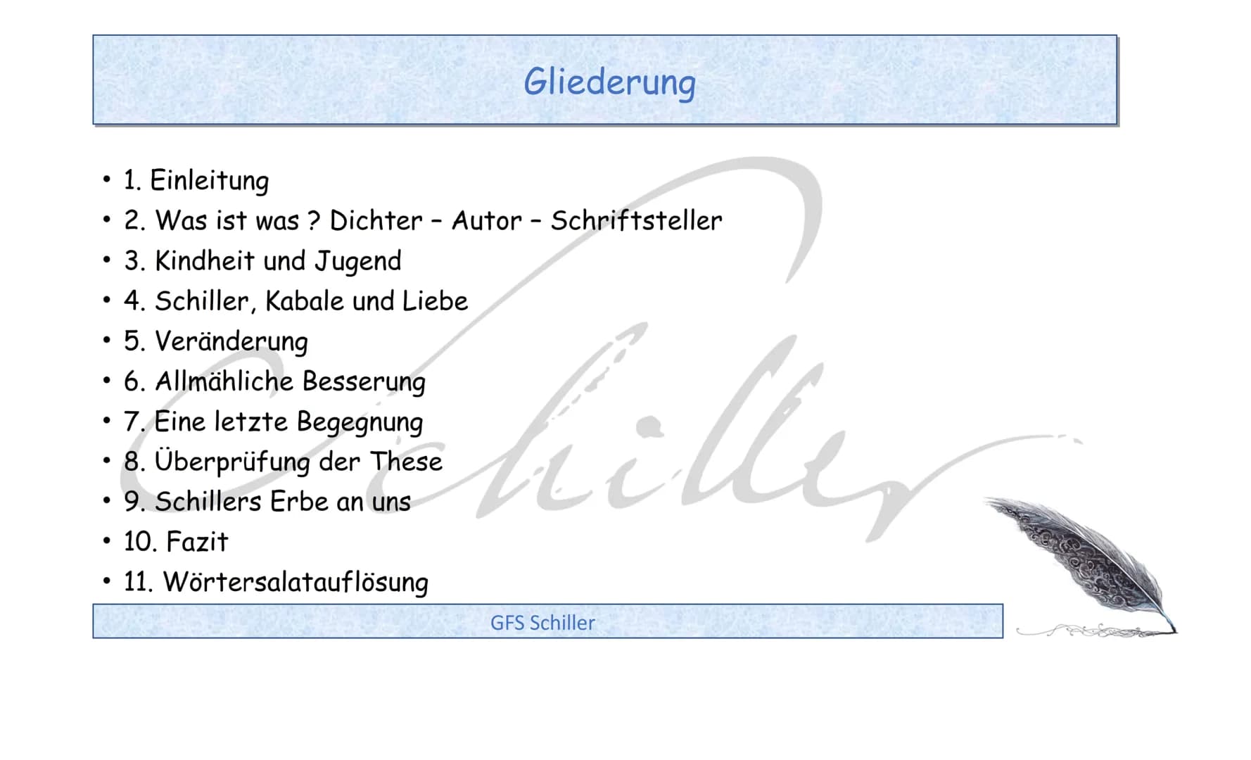 Friedrich Schiller - 1759-1805
GFS Schiller • 1. Einleitung
2. Was ist was? Dichter - Autor - Schriftsteller
3. Kindheit und Jugend
●
●
4. S