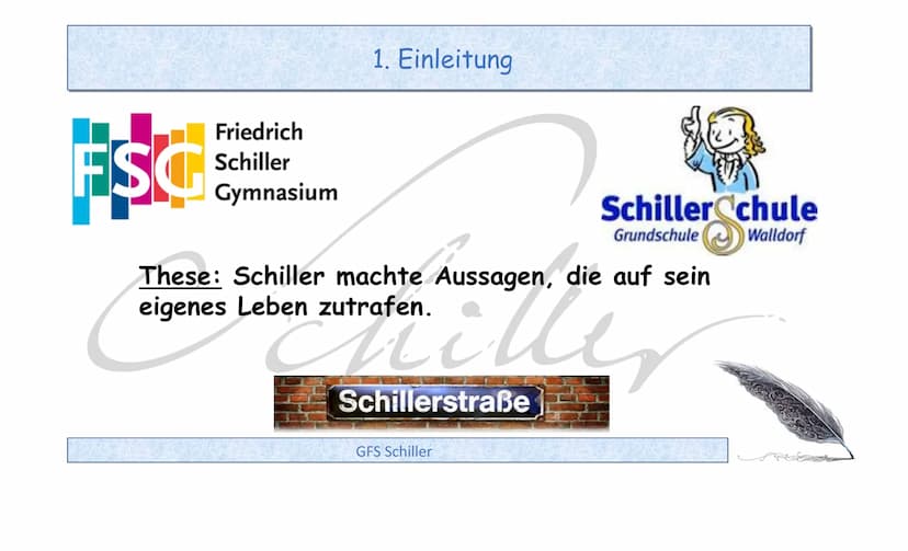 Friedrich Schiller - 1759-1805
GFS Schiller • 1. Einleitung
2. Was ist was? Dichter - Autor - Schriftsteller
3. Kindheit und Jugend
●
●
4. S