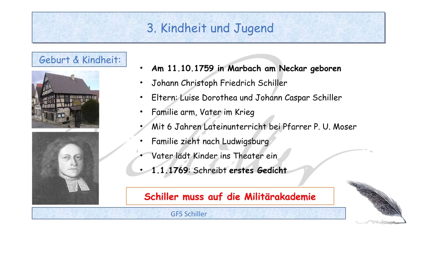 Friedrich Schiller - 1759-1805
GFS Schiller • 1. Einleitung
2. Was ist was? Dichter - Autor - Schriftsteller
3. Kindheit und Jugend
●
●
4. S