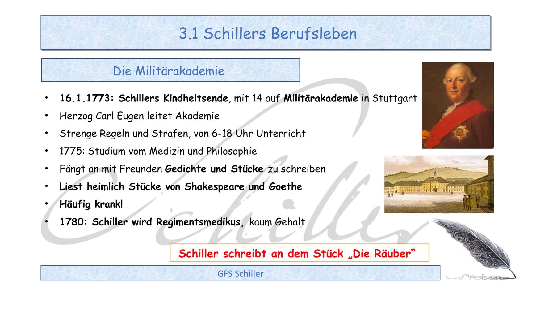 Friedrich Schiller - 1759-1805
GFS Schiller • 1. Einleitung
2. Was ist was? Dichter - Autor - Schriftsteller
3. Kindheit und Jugend
●
●
4. S