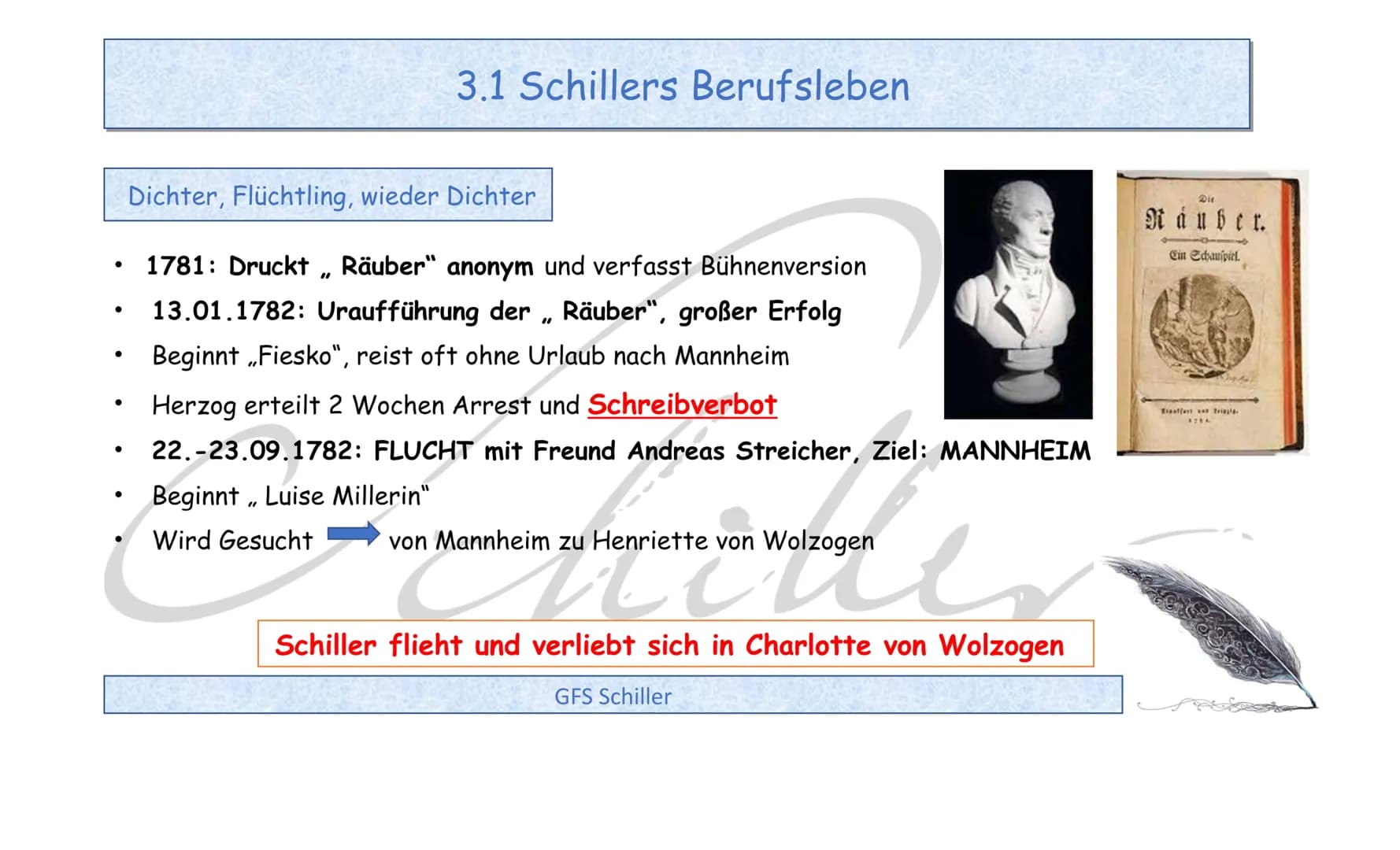 Friedrich Schiller - 1759-1805
GFS Schiller • 1. Einleitung
2. Was ist was? Dichter - Autor - Schriftsteller
3. Kindheit und Jugend
●
●
4. S