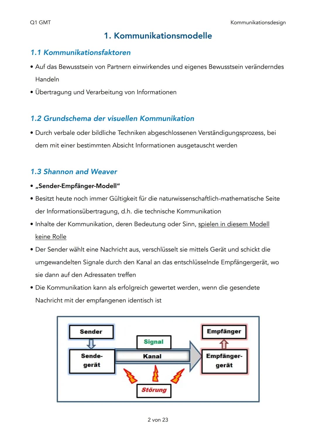 Q1 GMT
Q1 - Kommunikationsdesign
1. Kommunikationsmodelle
Kommunikationsfaktoren
Grundschema der visuellen
Kommunikation
Shannon und Weaver
