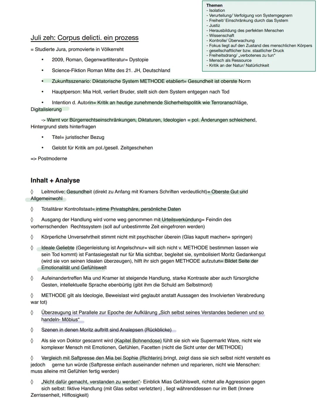 Juli zeh: Corpus delicti. ein prozess
= Studierte Jura, promovierte in Völkerreht
=> Postmoderne
Themen
- Isolation
- Verurteilung/Verfolgun