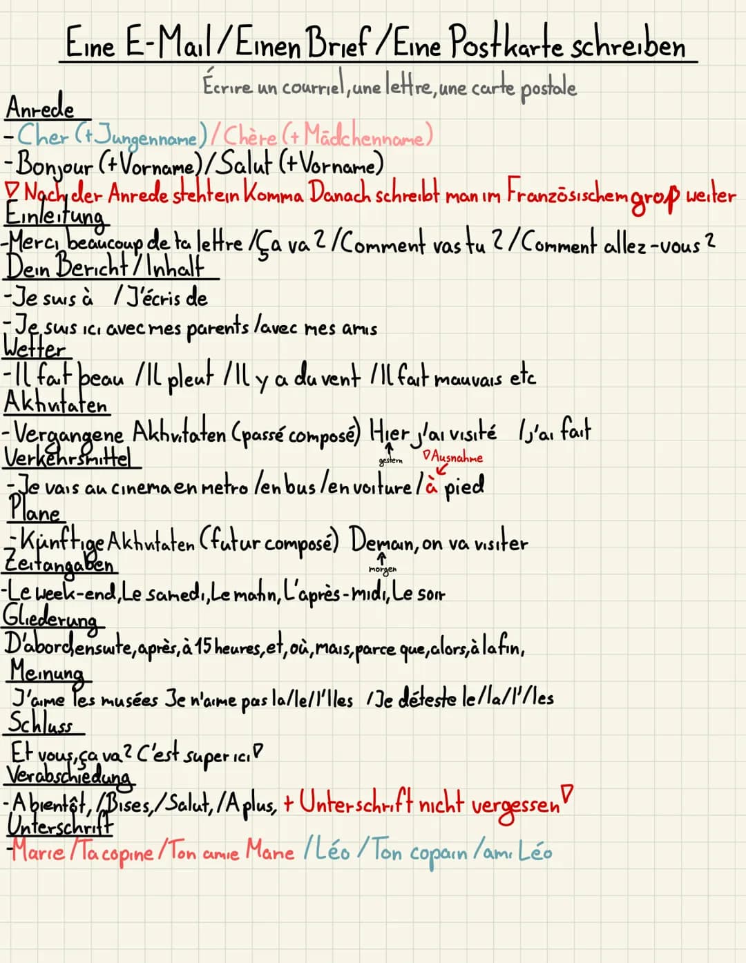 Eine E-Mail/Einen Brief/Eine Postkarte schreiben
Écrire un courriel, une lettre, une carte postale
Anrede
-Cher (+ Jungenname) / Chère (+ Mä