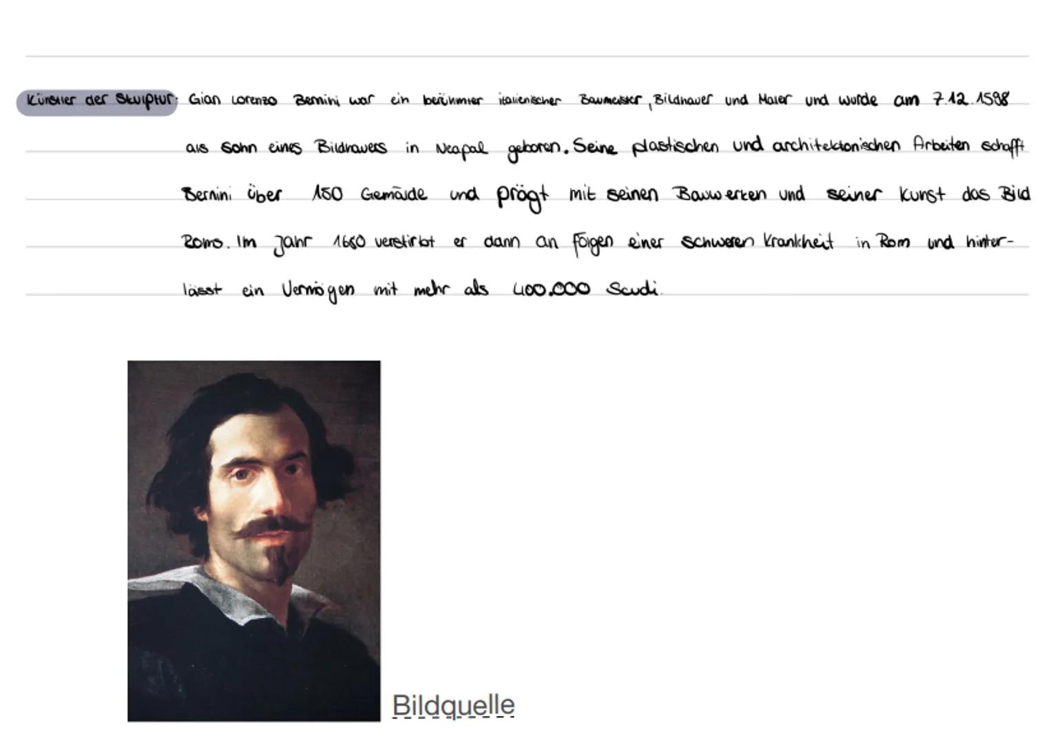 Künstler der Skulptur. Gian Lorenzo Bermini war ein berühmter italienischer Baumeister, Bildhauer und Maler und wurde am 7.12. 1598
als Sohn