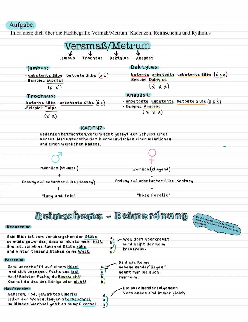 Aufgabe:
Informiere dich über die Fachbegriffe Vermaß/Metrum. Kadenzen, Reimschema und Rythmus
Versmaß/Metrum
↓
Jambus Trochäus Daktylus Ana