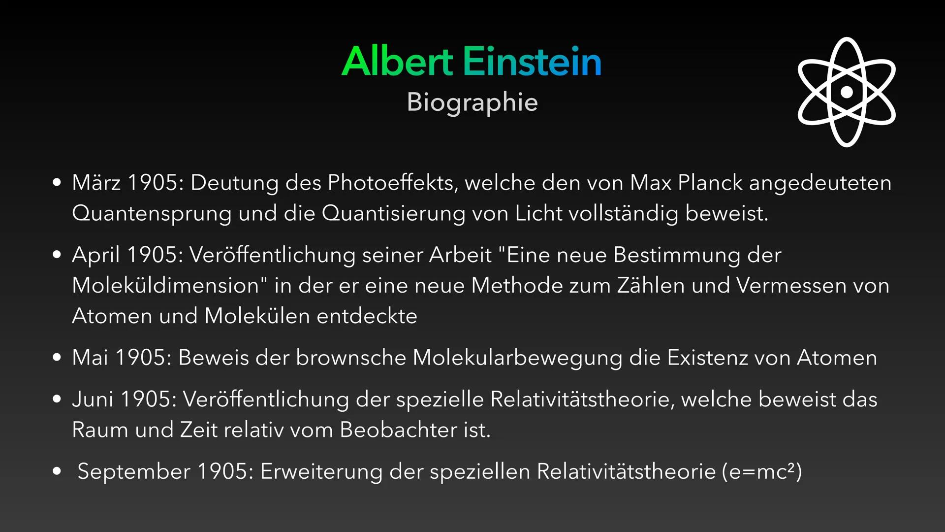 Albert Einstein
Lebenslauf:
1879
14. März: Albert Einstein wird in Ulm als Sohn des Kaufmanns Hermann Einstein und dessen Frau
Pauline (geb.