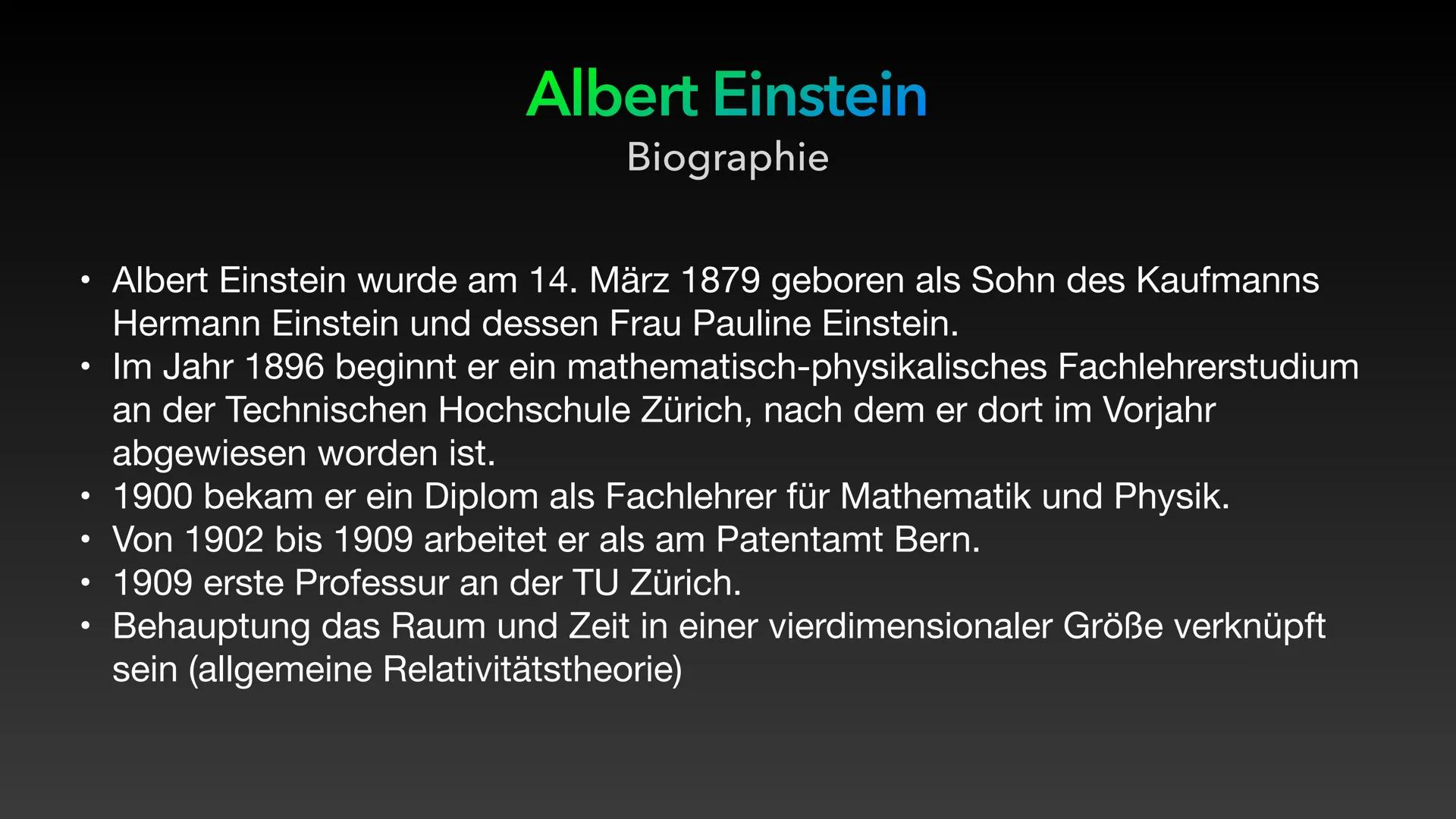 Albert Einstein
Lebenslauf:
1879
14. März: Albert Einstein wird in Ulm als Sohn des Kaufmanns Hermann Einstein und dessen Frau
Pauline (geb.