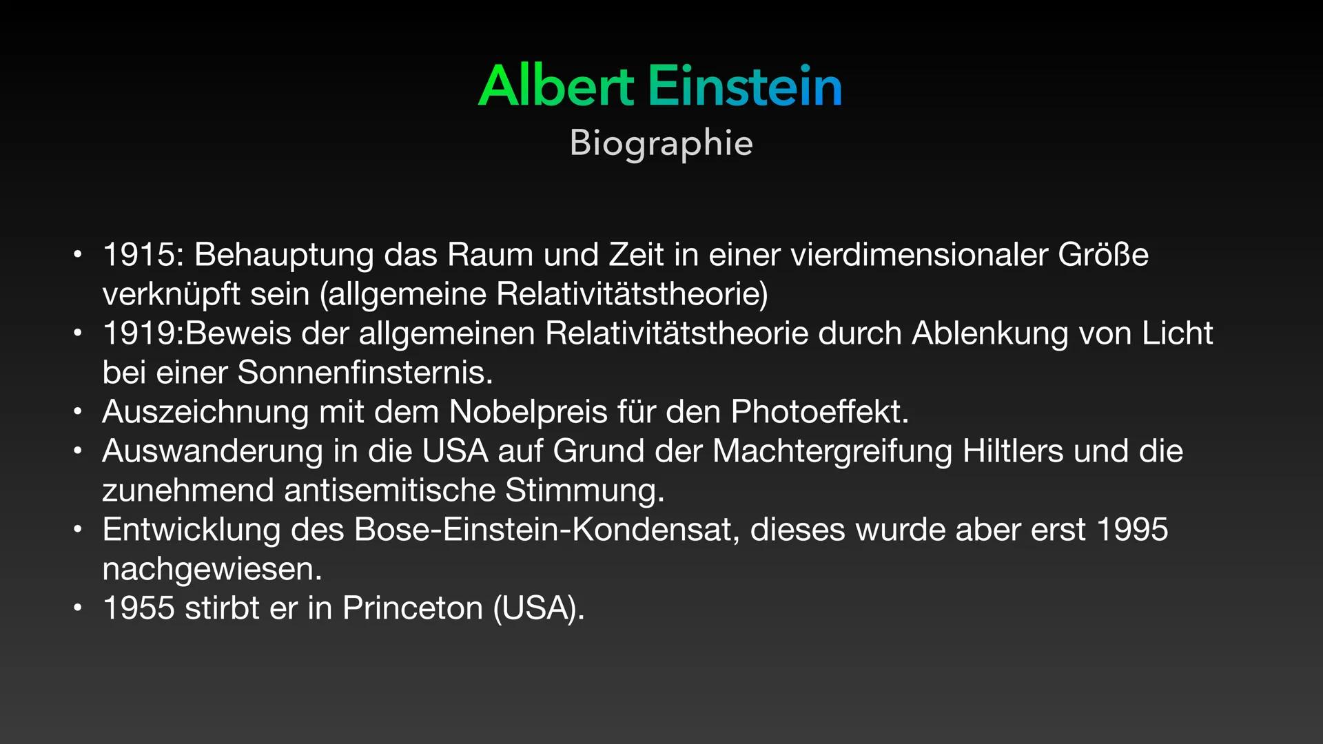 Albert Einstein
Lebenslauf:
1879
14. März: Albert Einstein wird in Ulm als Sohn des Kaufmanns Hermann Einstein und dessen Frau
Pauline (geb.