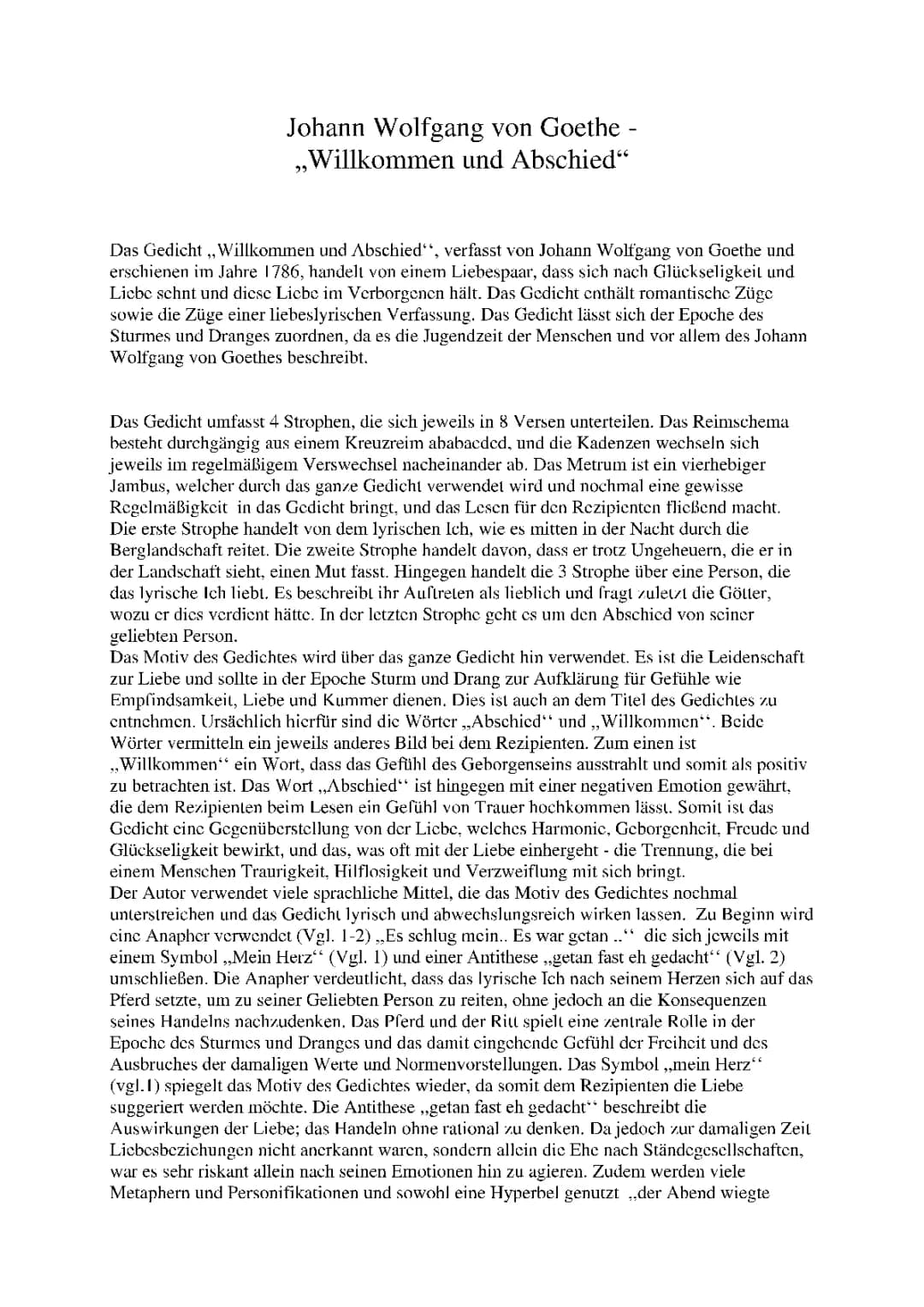 Analyse des Gedichts „Willkommen und Abschied“ von Johann Wolfgang von Goethe