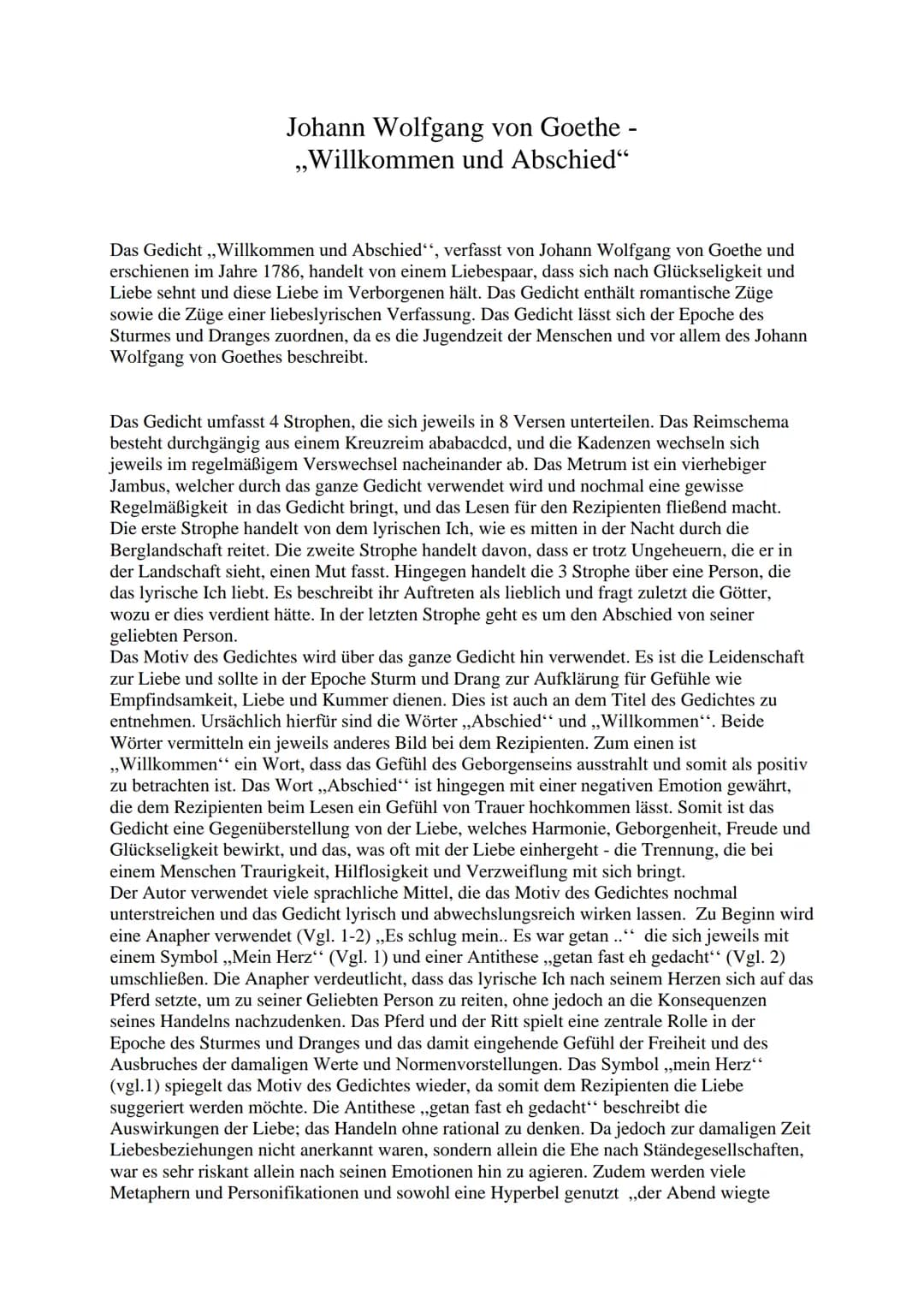 Johann Wolfgang von Goethe -
Willkommen und Abschied"
99
Das Gedicht ,,Willkommen und Abschied", verfasst von Johann Wolfgang von Goethe und