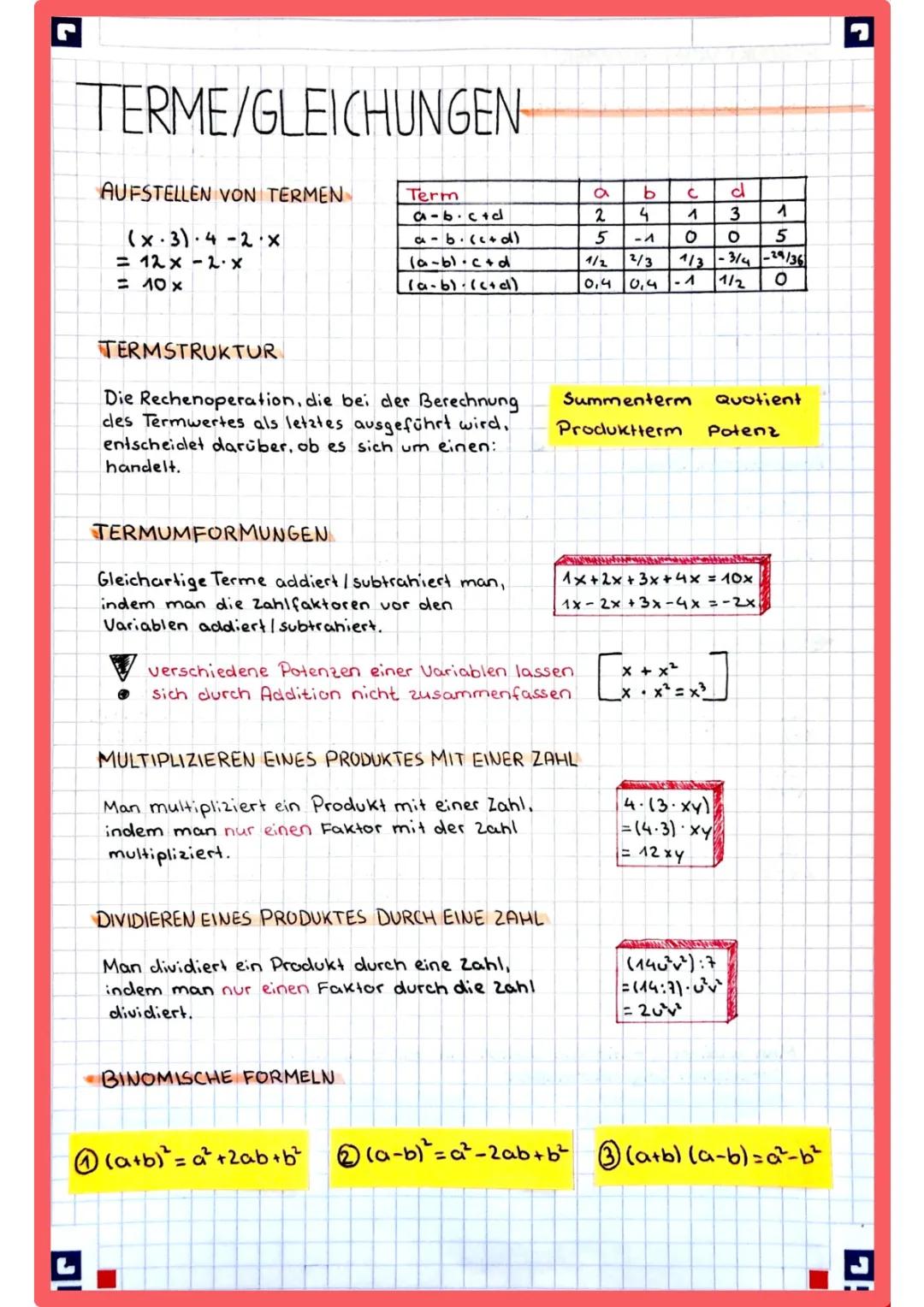 Terme und Gleichungen für Klasse 7 und 8 - Aufgaben, Übungen und Lösungen PDF