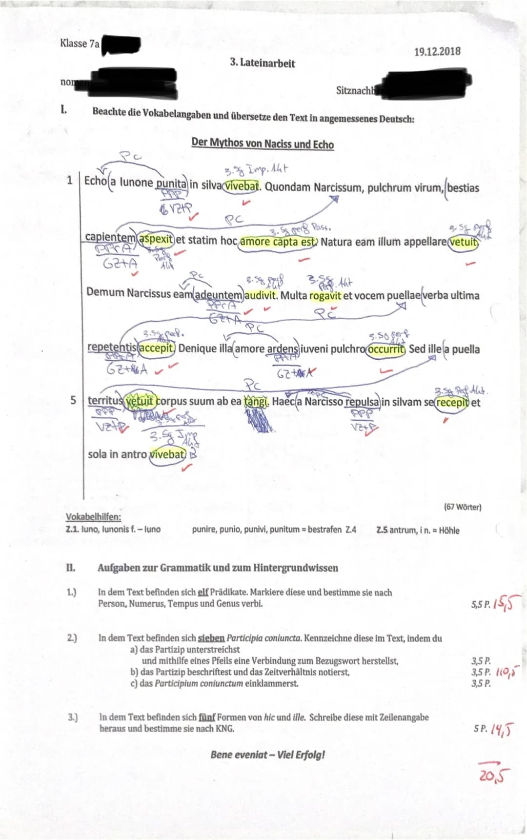 Klasse 7a
nom
I.
Beachte die Vokabelangaben und übersetze den Text in angemessenes Deutsch:
Der Mythos von Naciss und Echo
3. Imp. Aht
1 Ech