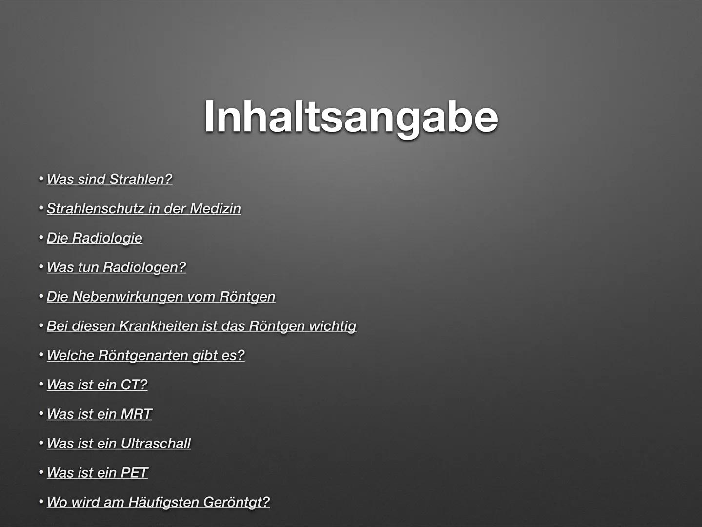 Radioaktivität in der Medizin
Melisa Yedekcioglu ●
• Was sind Strahlen?
• Strahlenschutz in der Medizin
●
Inhaltsangabe
●
Die Radiologie
• W