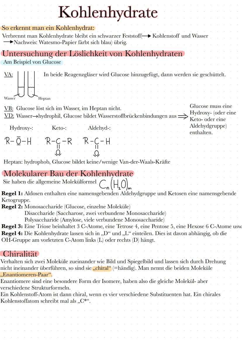  Kohlenhydrate
So erkennt man ein Kohlenhydrat:
Verbrennt man Kohlenhydrate bleibt ein schwarzer Feststoff Kohlenstoff und Wasser
Nachweis: 