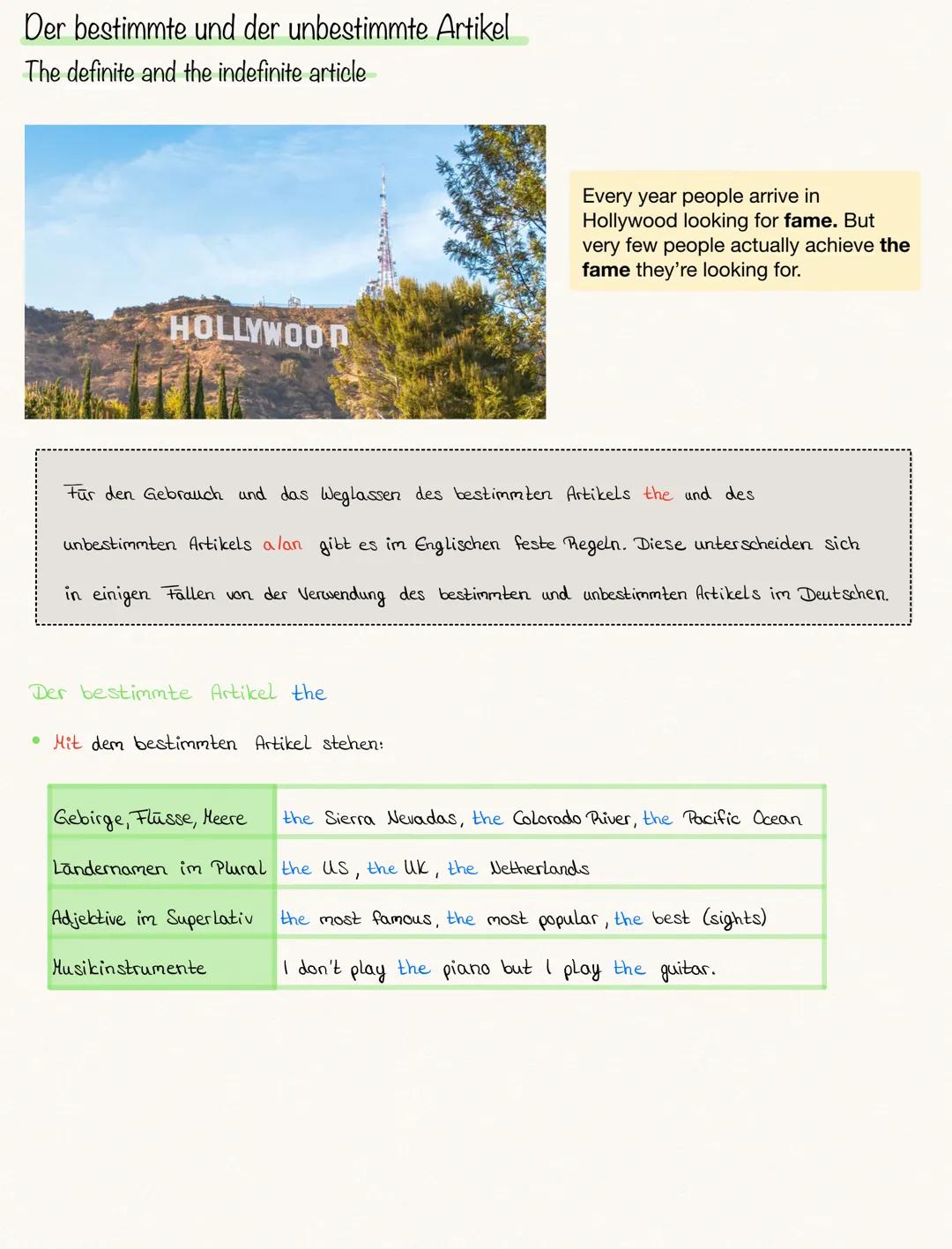 # Der bestimmte und der unbestimmte Artikel
The definite and the indefinite article

HOLLYWOON

Every year people arrive in
Hollywood lookin