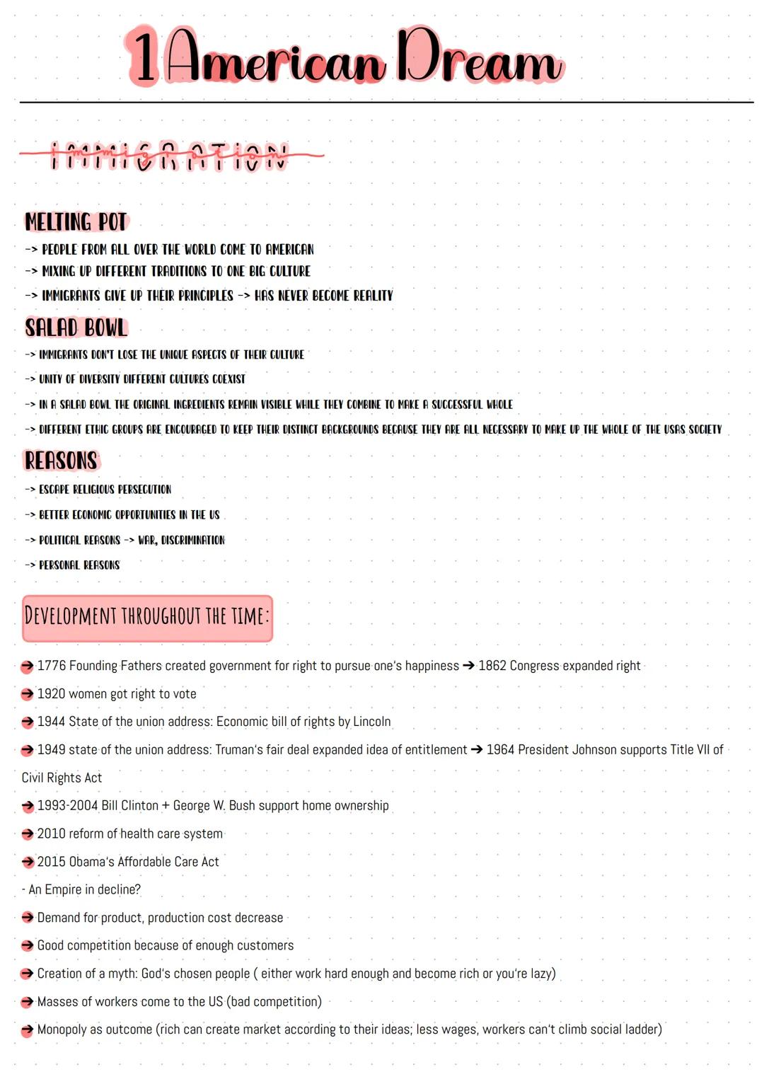 # 1 American Dream

Believes and Values:
- freedom
- equality -> no class districtions
- individualism -> idealisation of the self-reliant, 