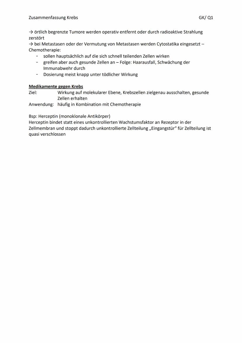 Zusammenfassung Krebs
Begriffsdefinitionen
Krebs: Gruppe von Krankheiten, bei denen sich Zellen den Kontrollmechanismen entziehen, die
norma