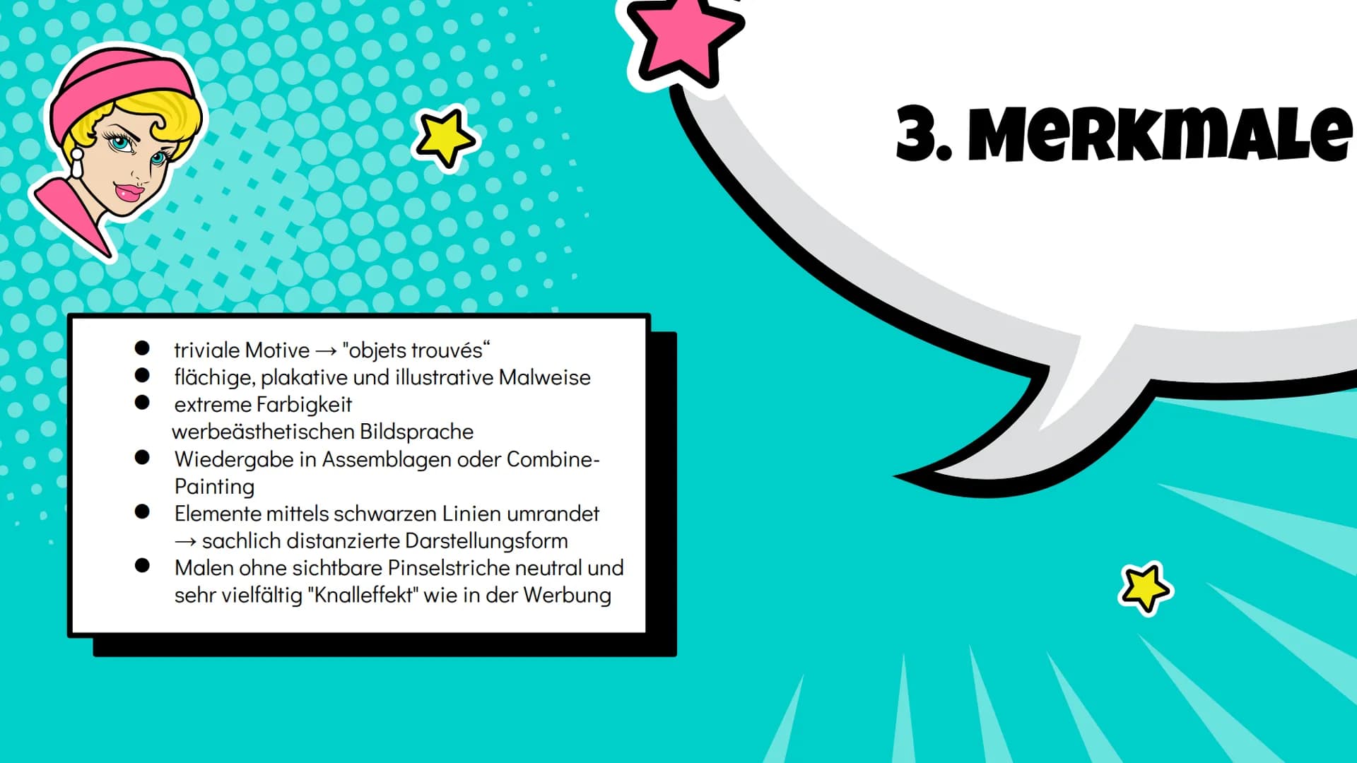 POP ART
Präsentation
3 01
02
EINFÜHRUNG VERTRETER
03
URSPRUNG
UND
ENTSTEHUNG
04
05
MERKMALE TECHNIK 1. POP ART
30
EINFÜHRUNG
● Pop" (engl. K