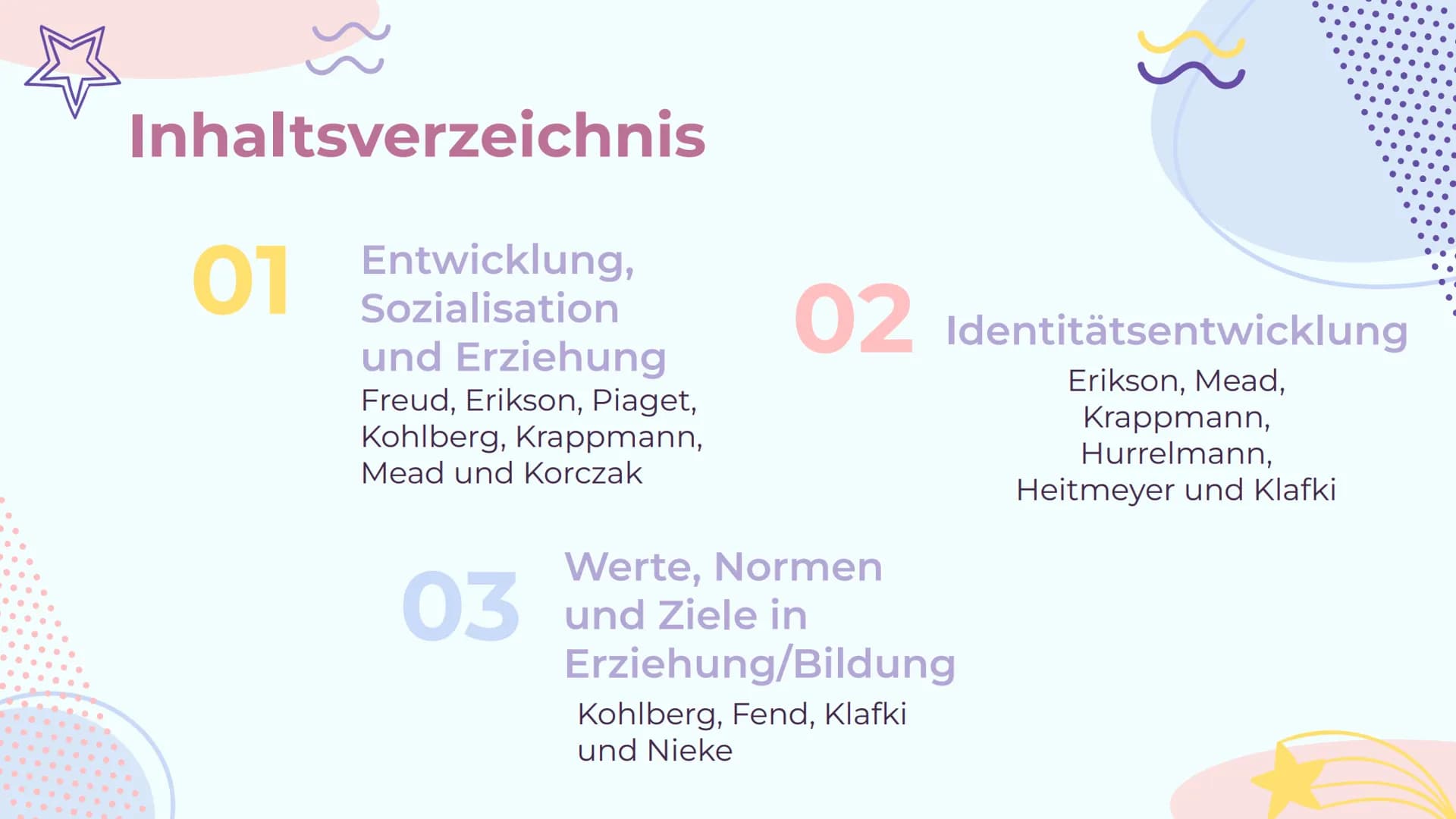 rok
Themenvernetzung
Von Lucie und Geeske
8}}
G Inhaltsverzeichnis
01
Entwicklung,
Sozialisation
und Erziehung
Freud, Erikson, Piaget,
Kohlb