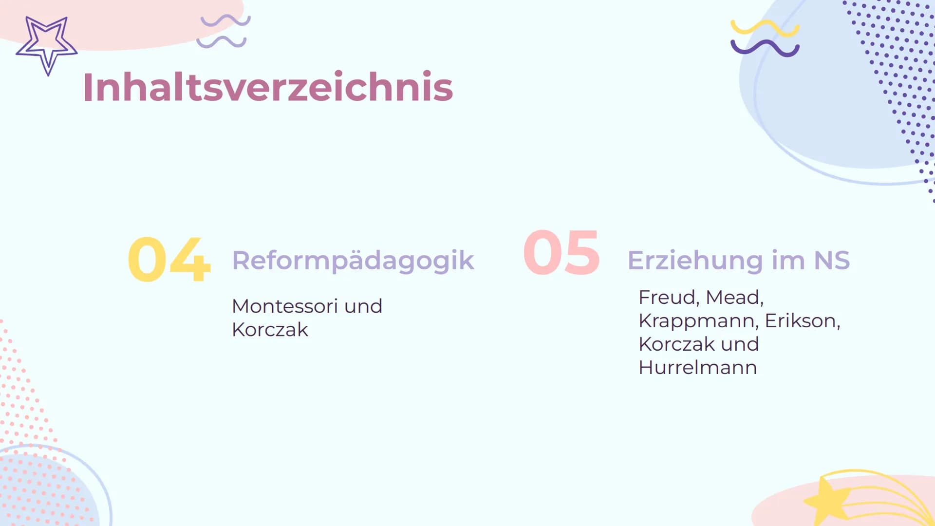 rok
Themenvernetzung
Von Lucie und Geeske
8}}
G Inhaltsverzeichnis
01
Entwicklung,
Sozialisation
und Erziehung
Freud, Erikson, Piaget,
Kohlb