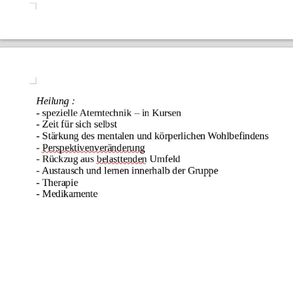 Heilung:
- spezielle Atemtechnik - in Kursen
- Zeit für sich selbst
- Stärkung des mentalen und körperlichen Wohlbefindens
- Perspektivenver