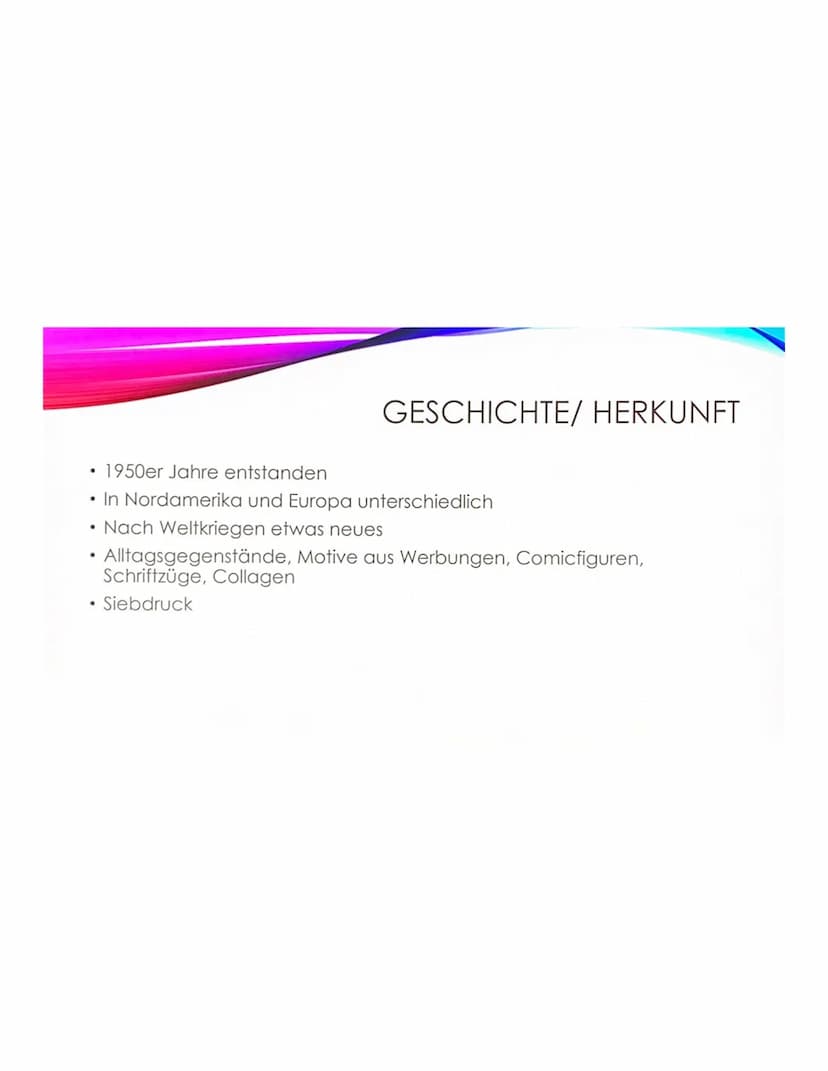 Mas
Pop-Art
Zeitliche Einordnung: Ab Mitte 1950 er Jahre.
Themen: Alltagsgegenstände, Konsumgegenstände,
Massenwaren und Markenzeichen aus W