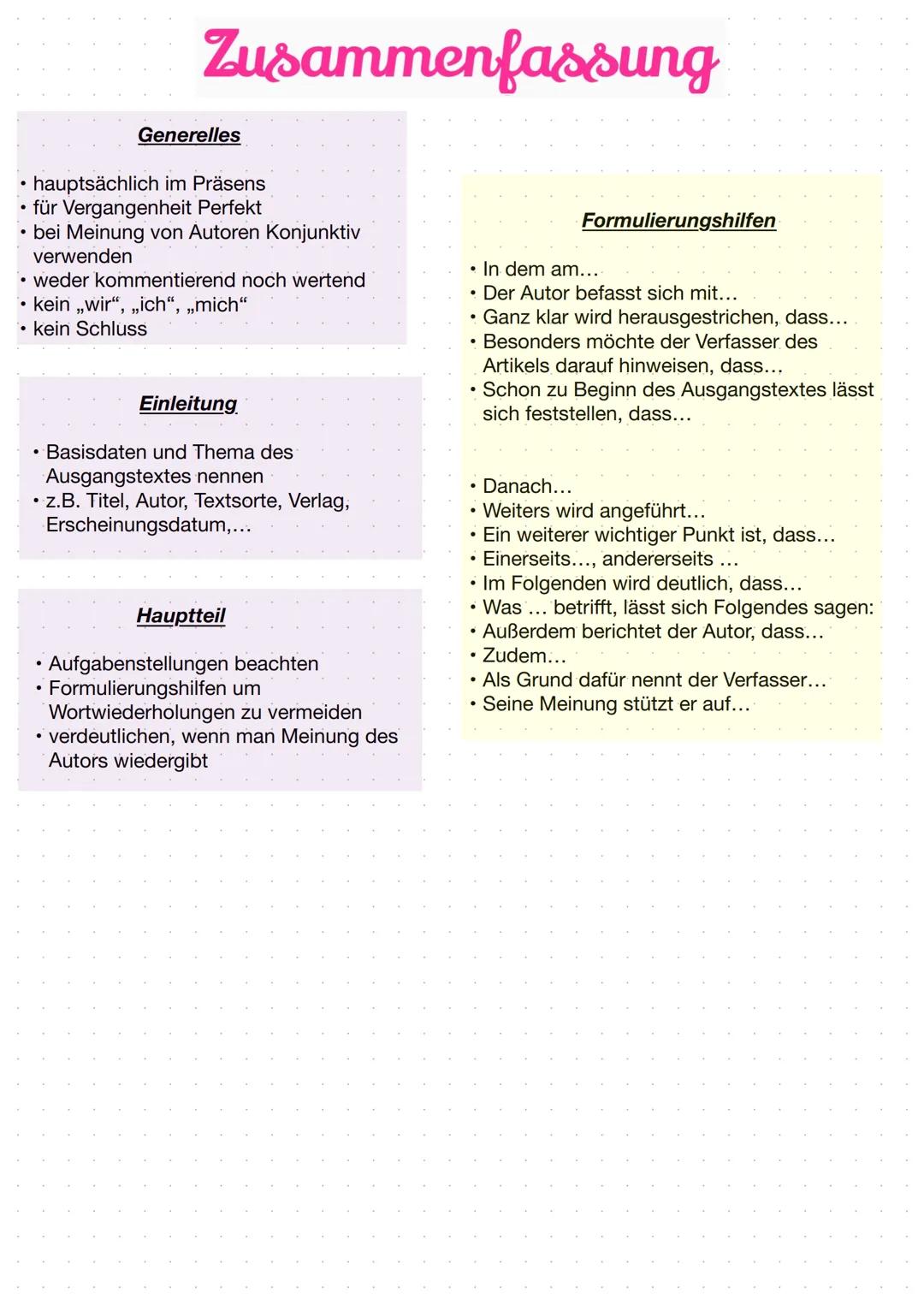 ●
hauptsächlich im Präsens
für Vergangenheit Perfekt
bei Meinung von Autoren Konjunktiv
verwenden
• weder kommentierend noch wertend
.
●
●
.