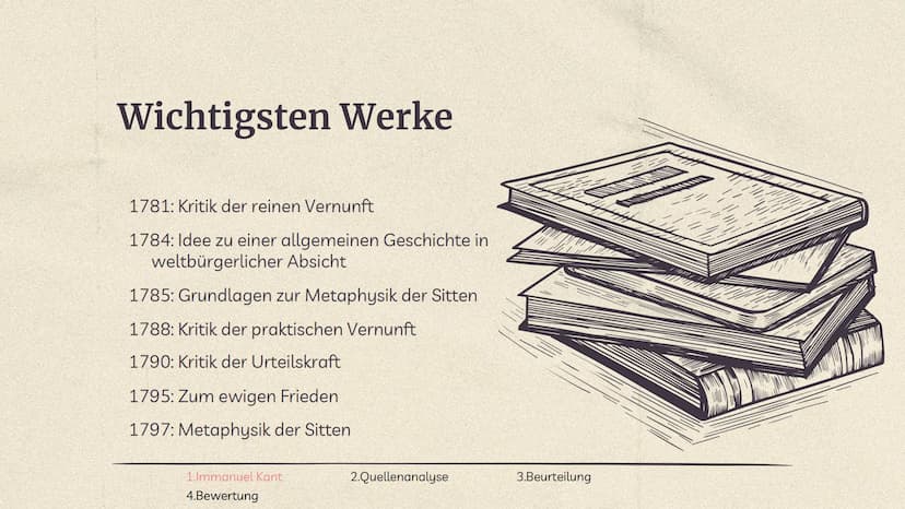Aufklärung
Immanuel Kant GLIEDERUNG
01
Immanuel Kant
03
Beurteilung
1.Immanuel Kant
4.Bewertung
02
Quellenanalyse
04
Bewertung
2.Quellenanal