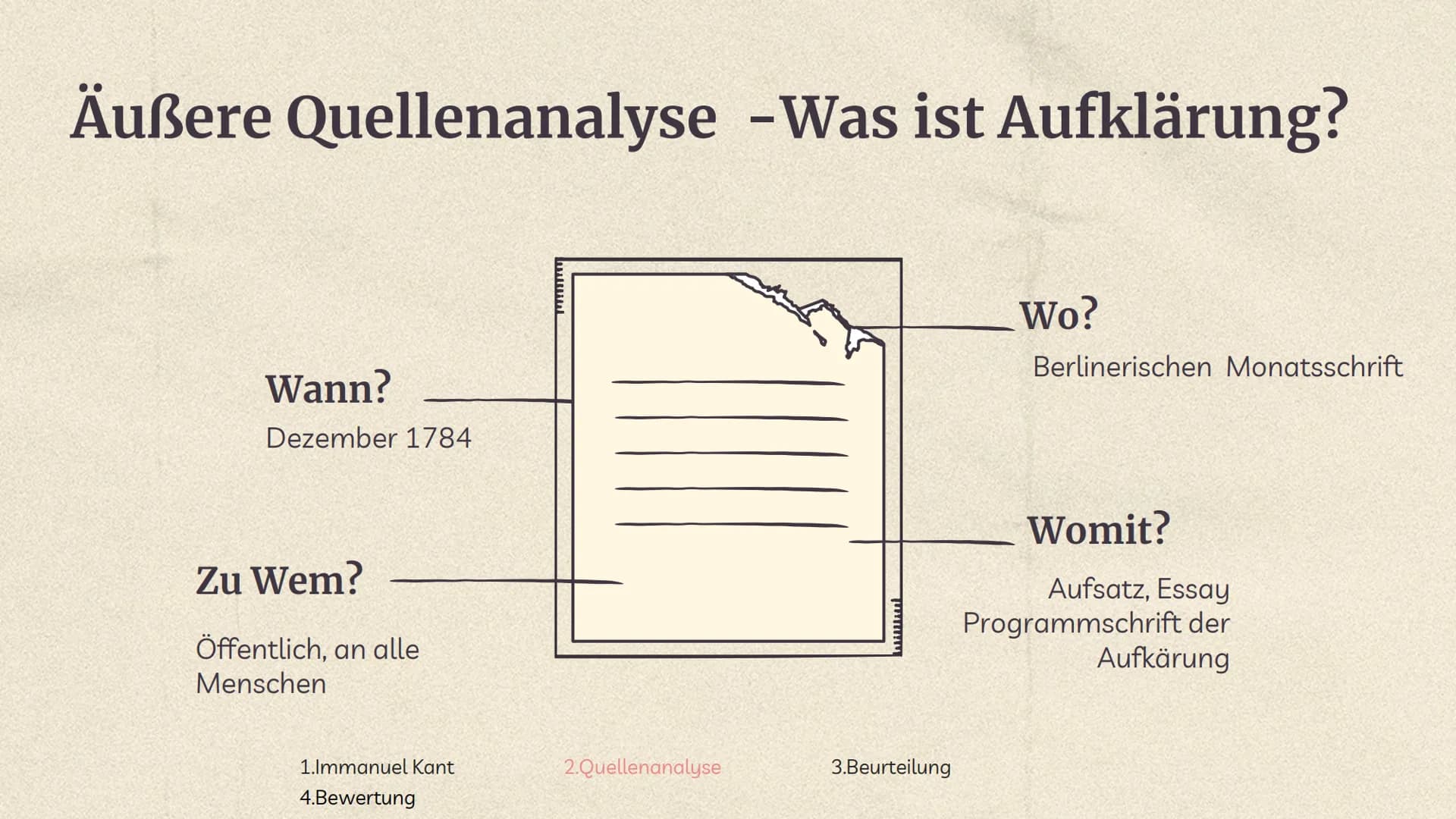 Aufklärung
Immanuel Kant GLIEDERUNG
01
Immanuel Kant
03
Beurteilung
1.Immanuel Kant
4.Bewertung
02
Quellenanalyse
04
Bewertung
2.Quellenanal