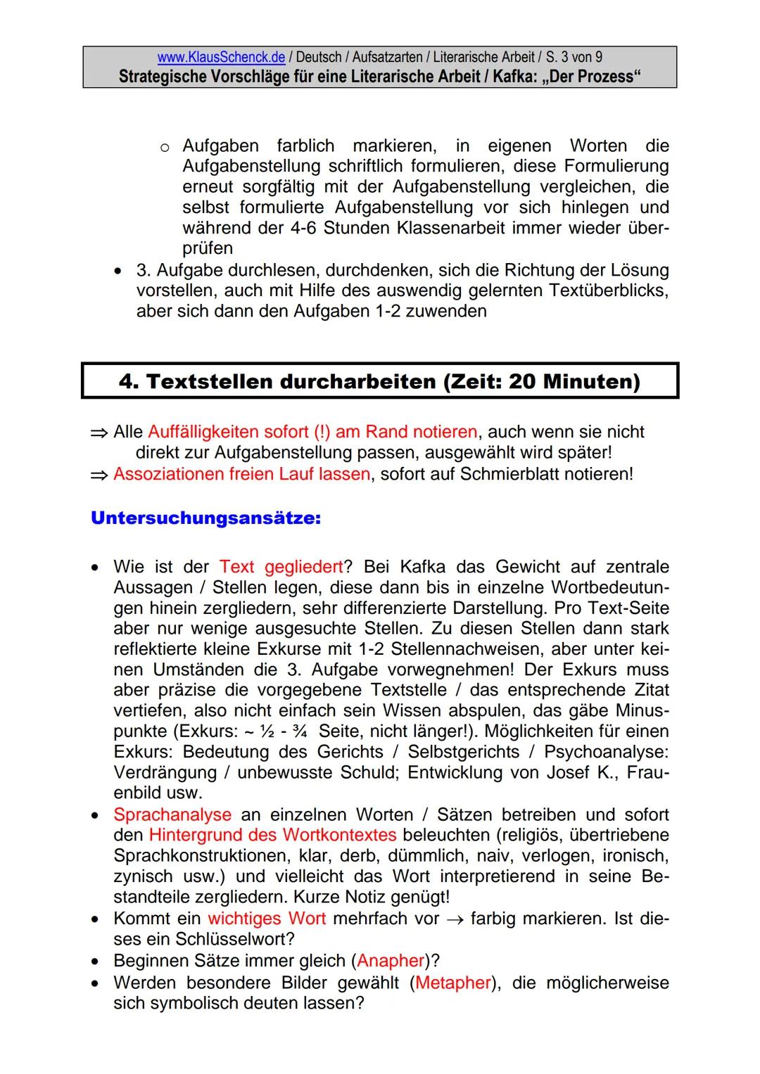 www.KlausSchenck.de / Deutsch / Aufsatzarten / Literarische Arbeit / S. 1 von 9
Strategische Vorschläge für eine Literarische Arbeit / Kafka