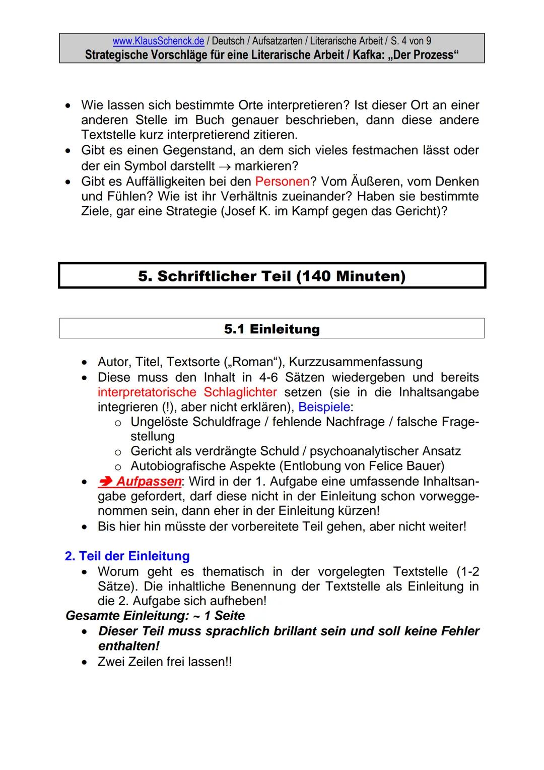www.KlausSchenck.de / Deutsch / Aufsatzarten / Literarische Arbeit / S. 1 von 9
Strategische Vorschläge für eine Literarische Arbeit / Kafka