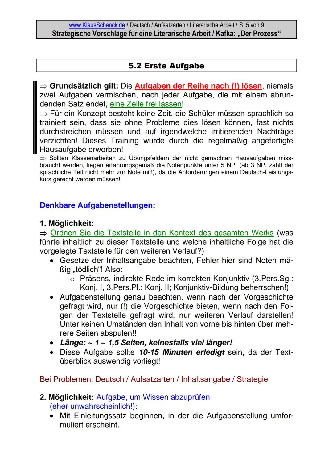 www.KlausSchenck.de / Deutsch / Aufsatzarten / Literarische Arbeit / S. 1 von 9
Strategische Vorschläge für eine Literarische Arbeit / Kafka